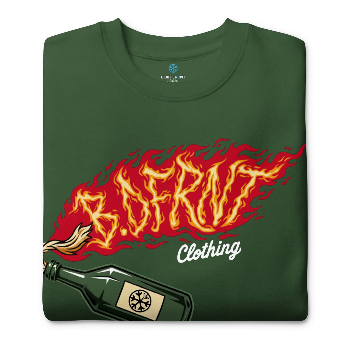Green-Molotov Graffiti Sweatshirt from B.Different Clothing, folded, graffiti-inspired streetwear