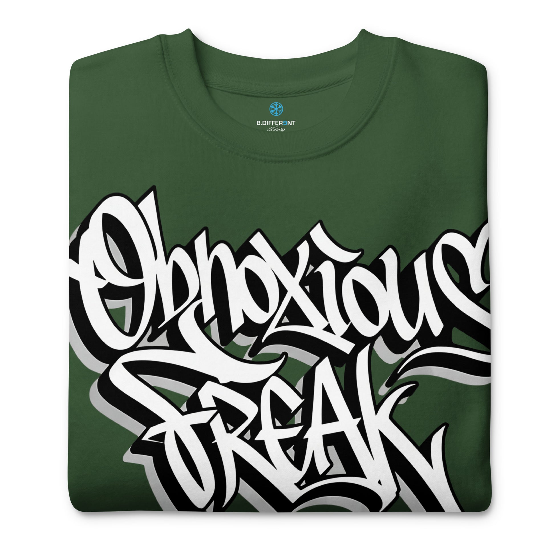 Green-Obnoxious Freak Graffiti Sweatshirt from B.Different Clothing, folded, graffiti-inspired streetwear
