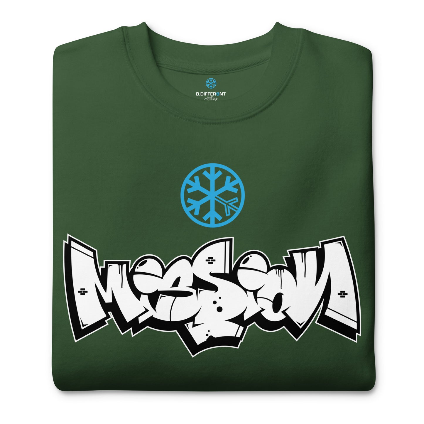 Green-Mission Graffiti Piece Sweatshirt from B.Different Clothing, folded, graffiti-inspired streetwear