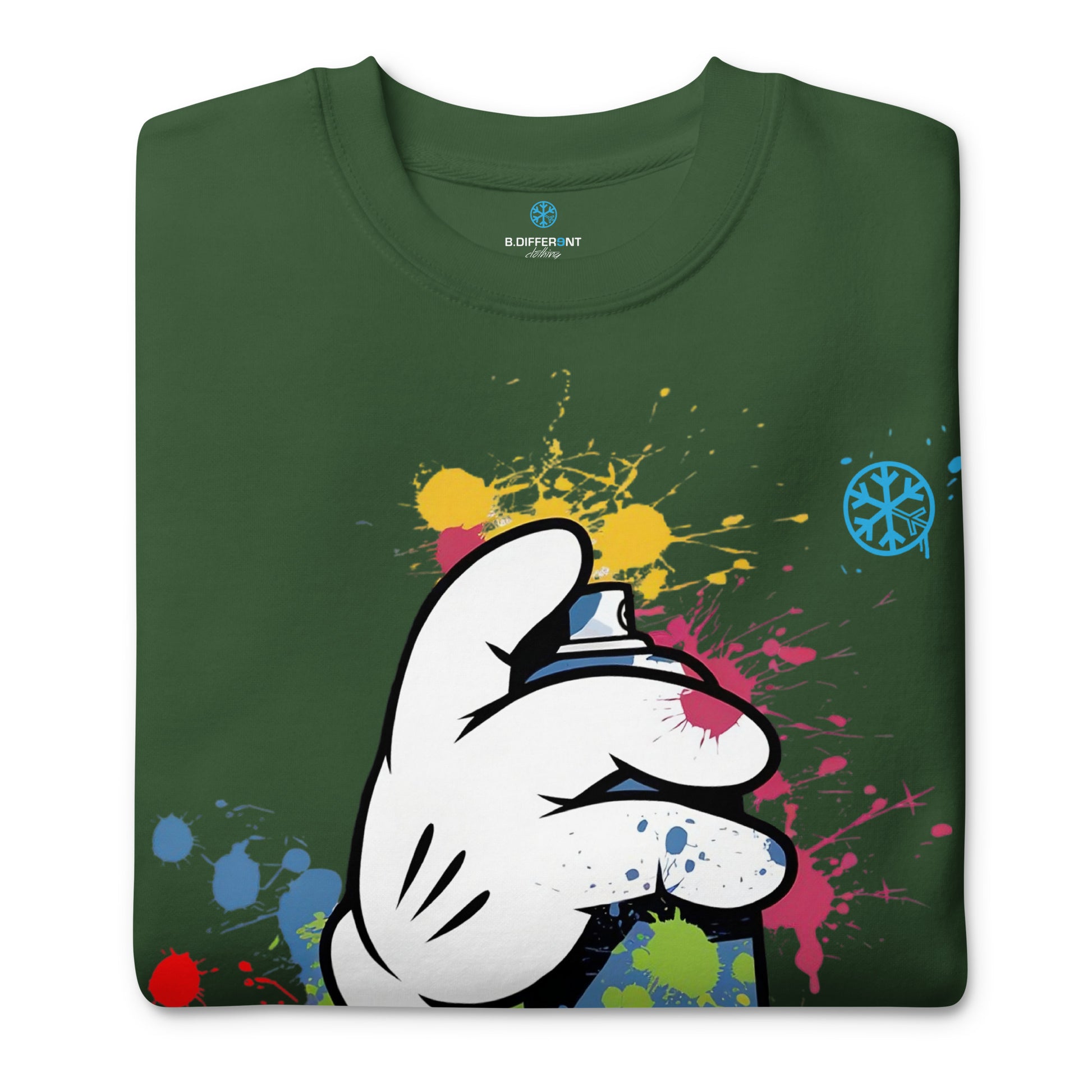 Green-Hand Spray Can Graffiti Sweatshirt from B.Different Clothing, folded, graffiti-inspired streetwear