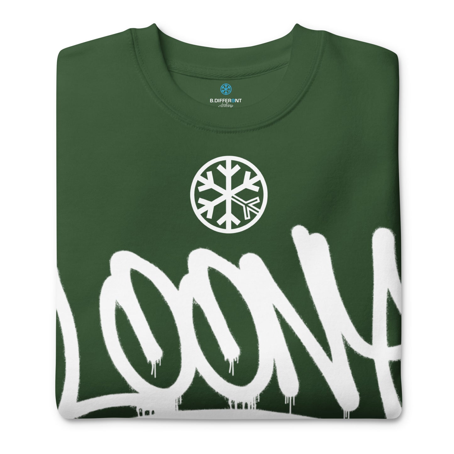 Green-Loony Graffiti Tag Sweatshirt from B.Different Clothing, folded, graffiti-inspired streetwear