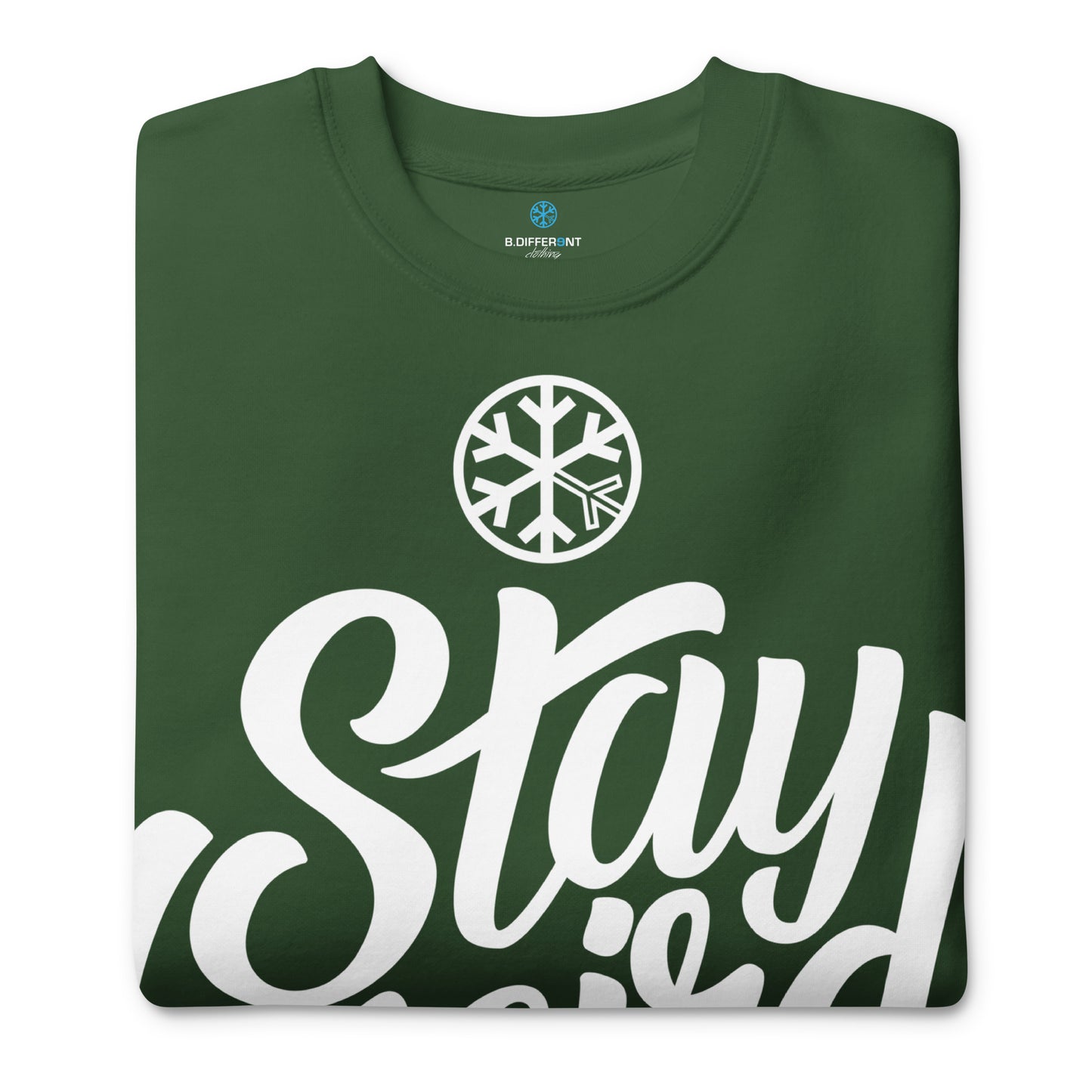 Green-Stay Weird Sweatshirt from B.Different Clothing, folded, graffiti-inspired streetwear