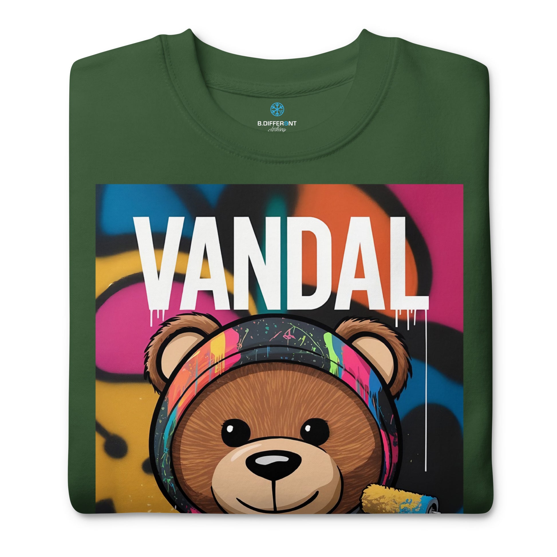 Green-Vandal Teddy Bear Graffiti Sweatshirt from B.Different Clothing, folded, graffiti-inspired streetwear