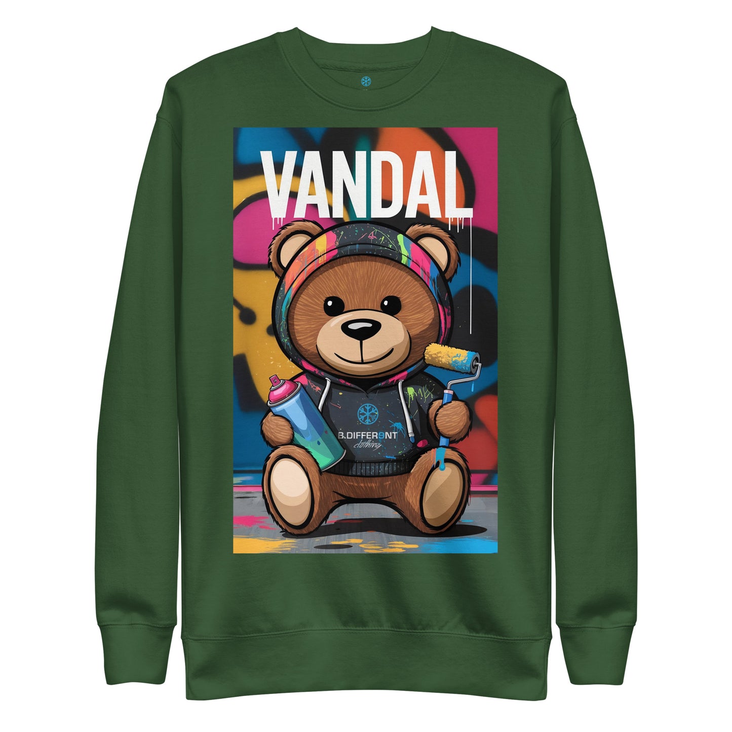 Green-Vandal Teddy Bear Graffiti Sweatshirt from B.Different Clothing, front view, graffiti-inspired streetwear