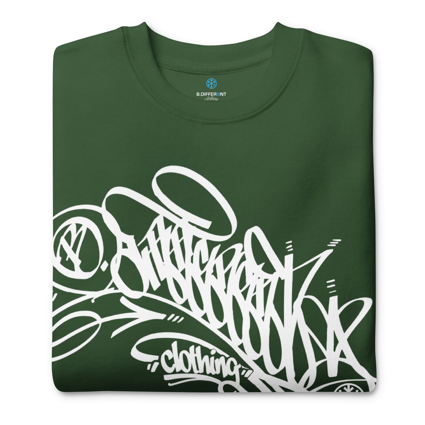 Green-B.Different Clothing Graffiti Tag Sweatshirt from B.Different Clothing, folded, graffiti-inspired streetwear