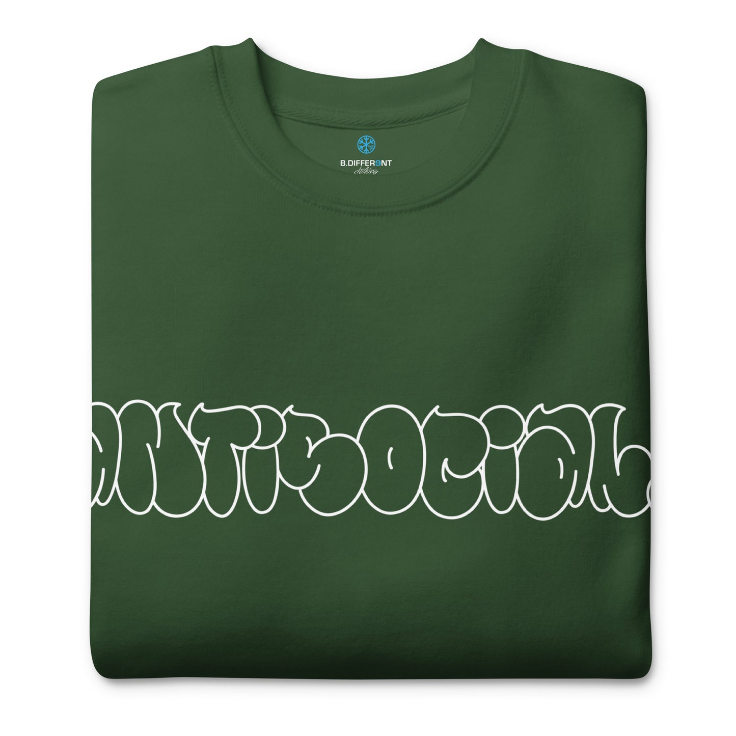 Green-Antisocial Graffiti Hollow Sweatshirt from B.Different Clothing, folded, graffiti-inspired streetwear