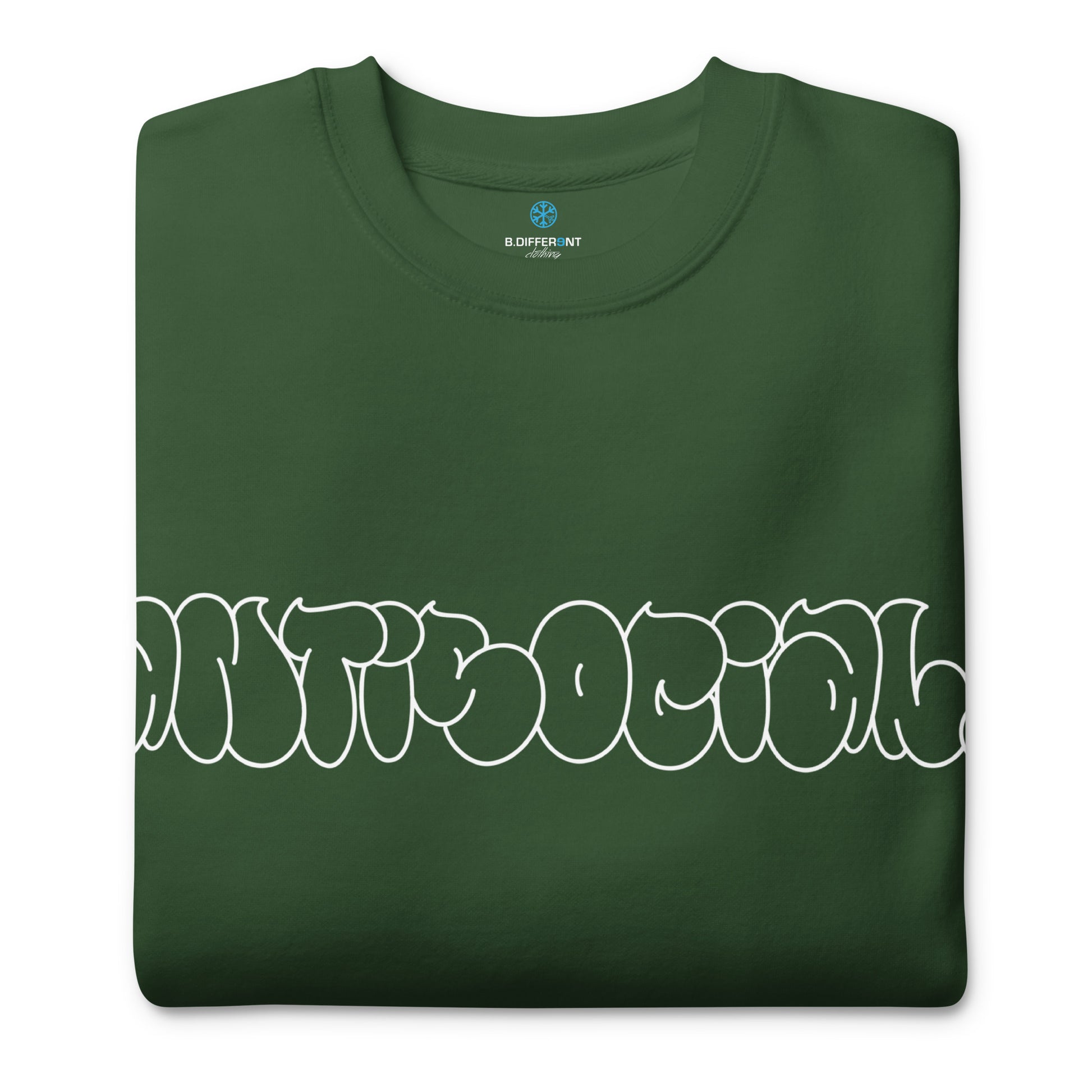 Green-Antisocial Graffiti Hollow Sweatshirt from B.Different Clothing, folded, graffiti-inspired streetwear