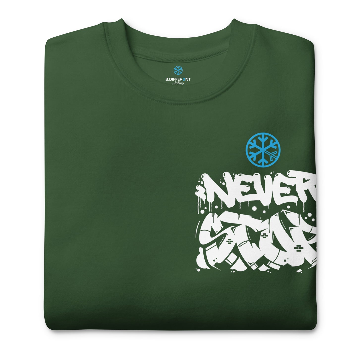 Green-Never Stop Graffiti Character Sweatshirt from B.Different Clothing, folded, graffiti-inspired streetwear