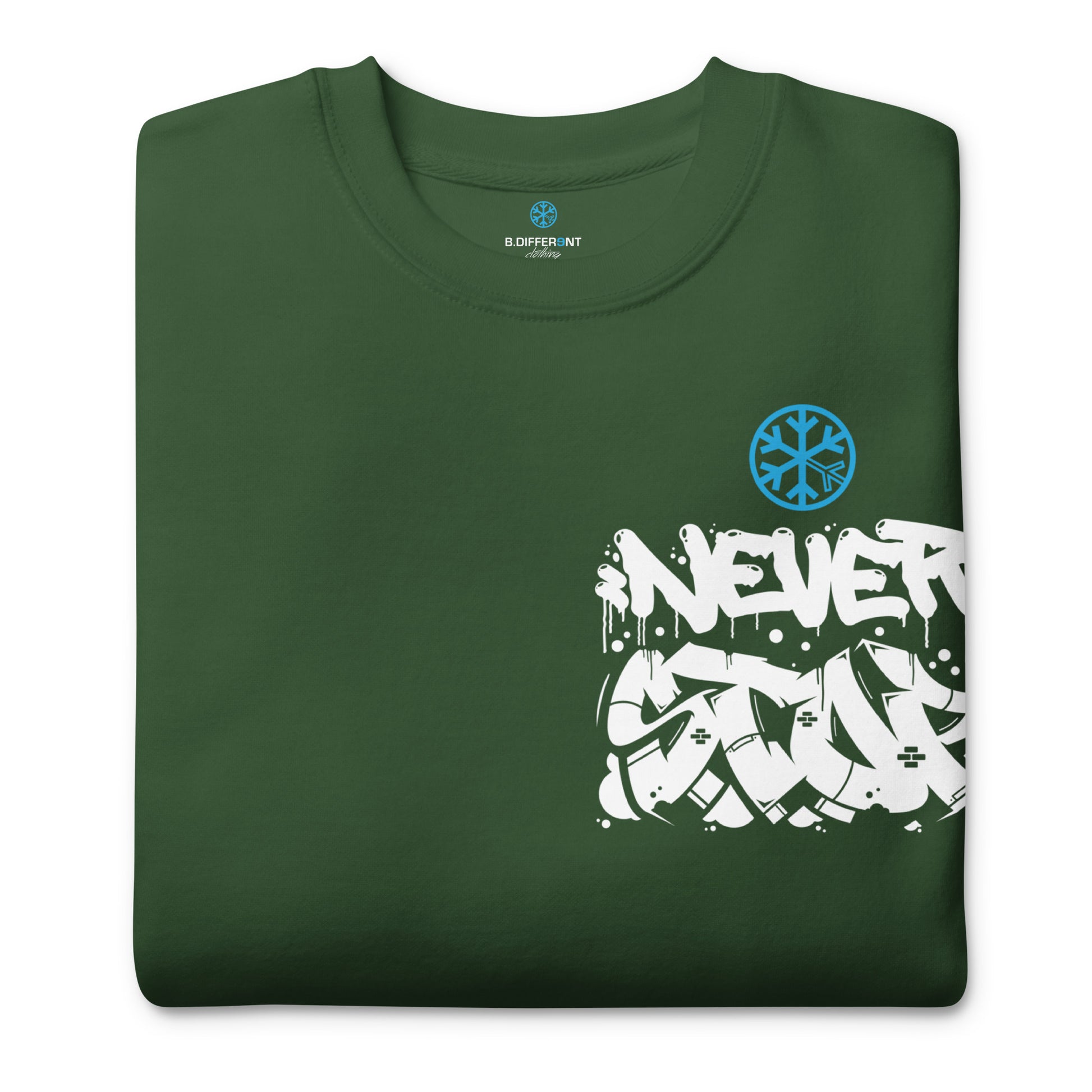 Green-Never Stop Graffiti Character Sweatshirt from B.Different Clothing, folded, graffiti-inspired streetwear
