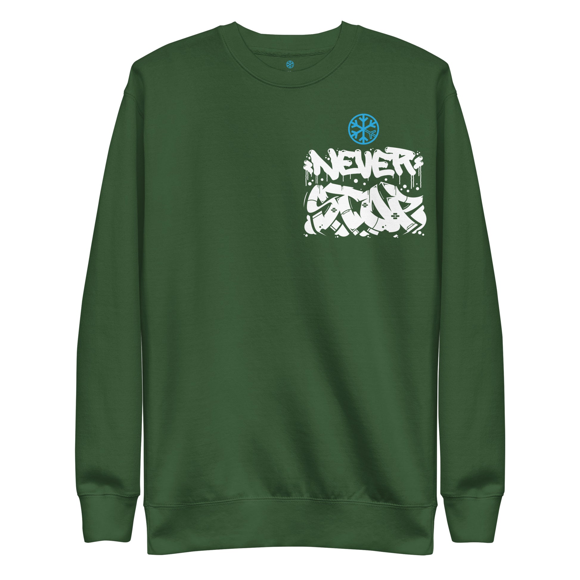 Green-Never Stop Graffiti Character Sweatshirt from B.Different Clothing, front view, graffiti-inspired streetwear