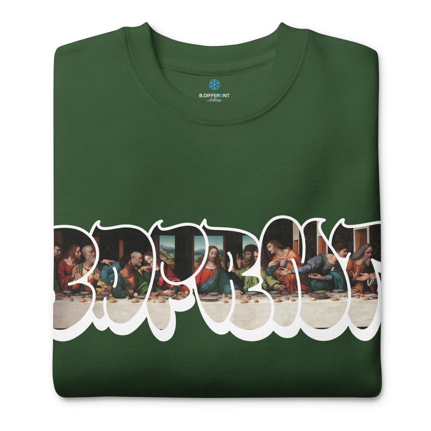 Green-BDFRNT Throwie x Last Supper Graffiti Sweatshirt from B.Different Clothing, folded, graffiti-inspired streetwear