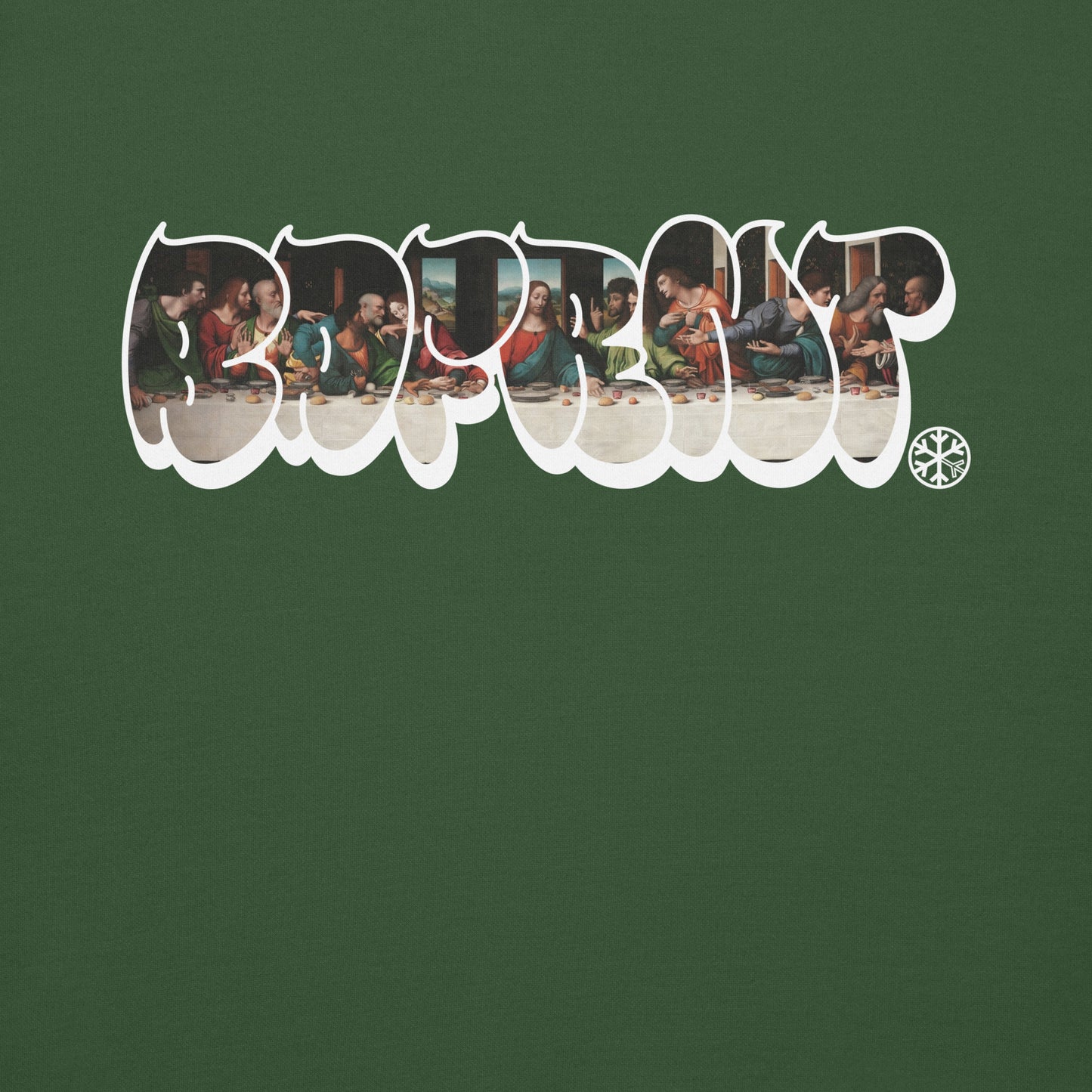 Green-BDFRNT Throwie x Last Supper Graffiti Sweatshirt from B.Different Clothing, graphic, graffiti-inspired streetwear
