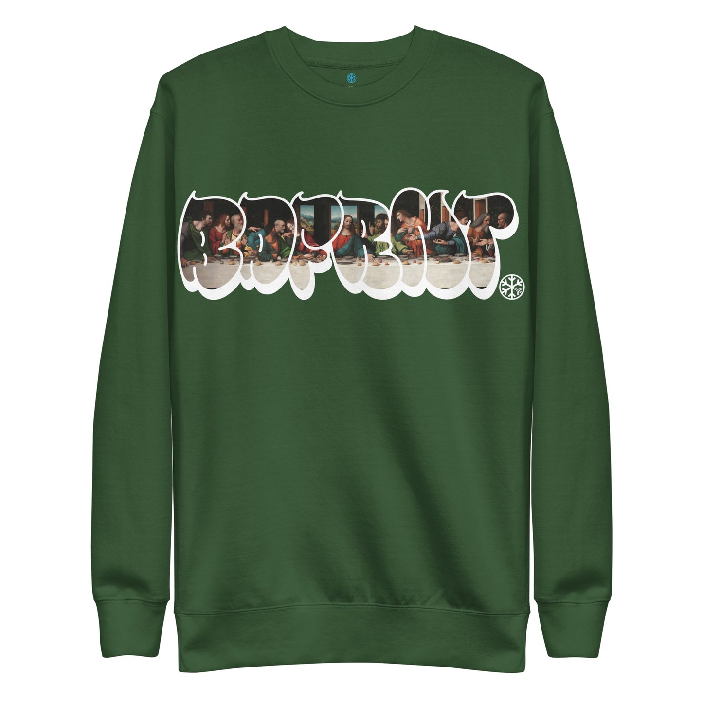 Green-BDFRNT Throwie x Last Supper Graffiti Sweatshirt from B.Different Clothing, front view, graffiti-inspired streetwear