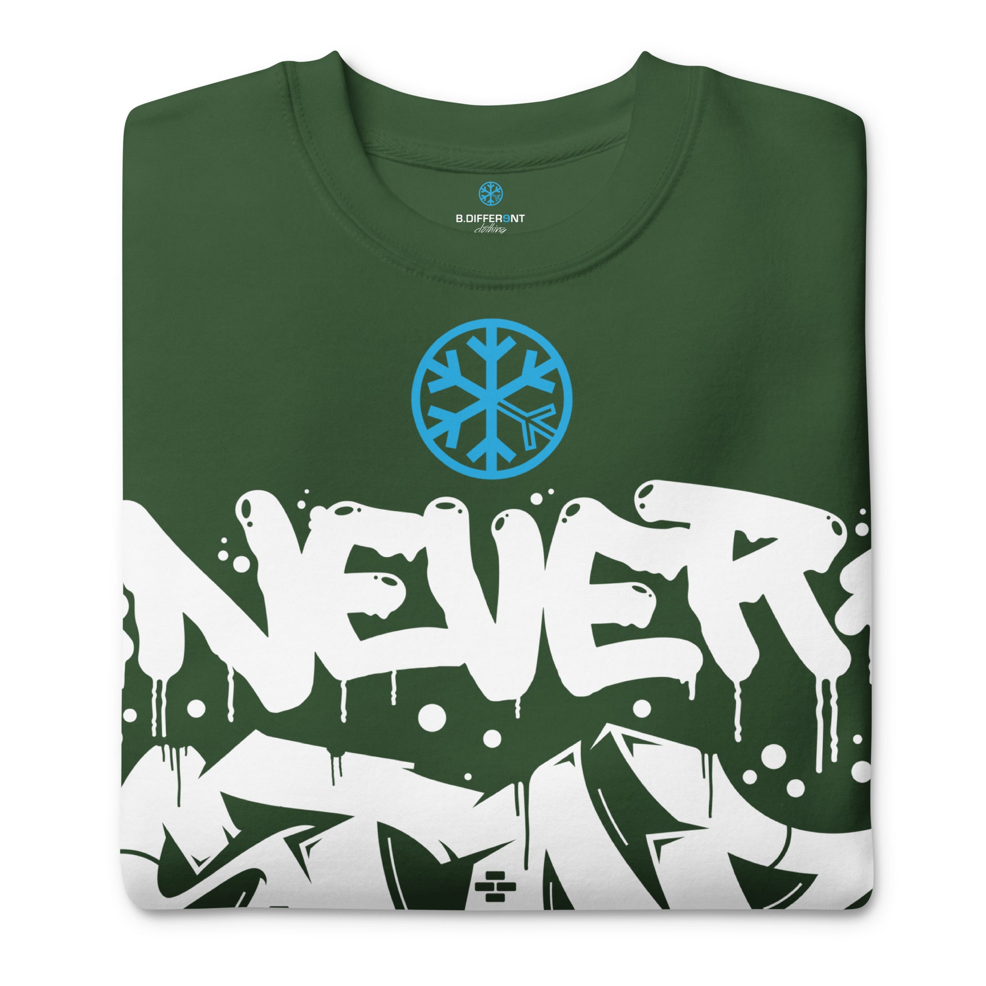 Green-Never Stop Graffiti Piece Sweatshirt from B.Different Clothing, folded, graffiti-inspired streetwear