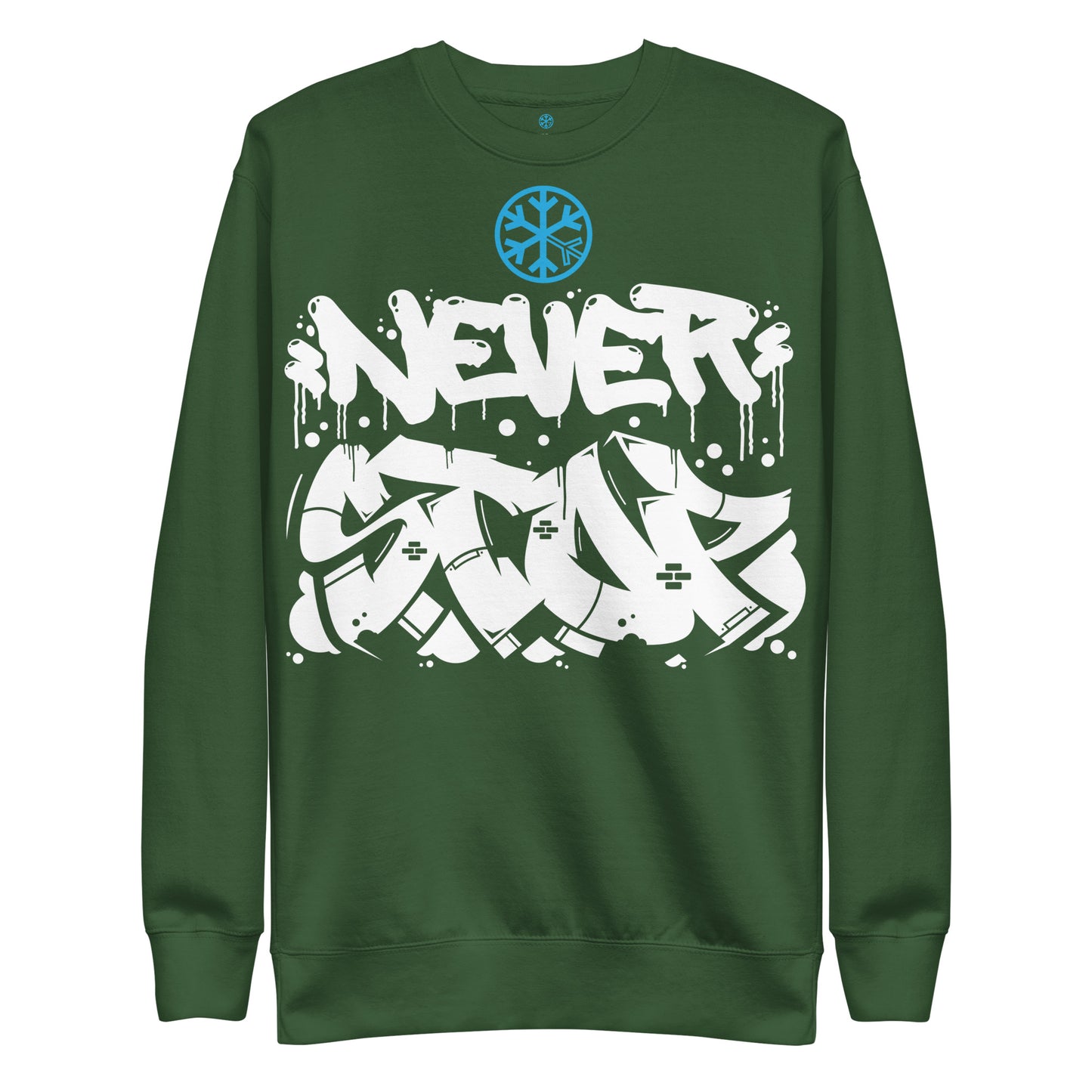 Green-Never Stop Graffiti Piece Sweatshirt from B.Different Clothing, front view, graffiti-inspired streetwear