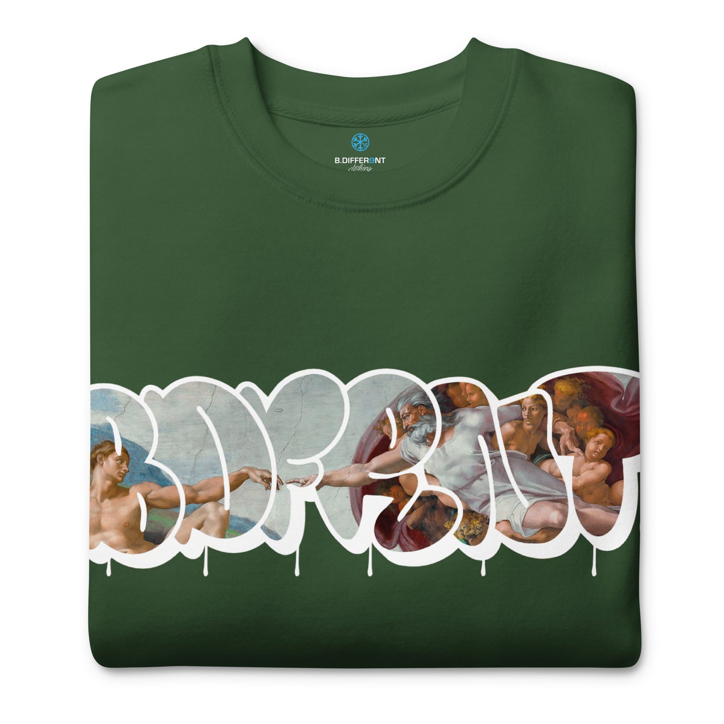 Green-BDFRNT Throwie x Creation of Adam Graffiti Sweatshirt from B.Different Clothing, folded, graffiti-inspired streetwear