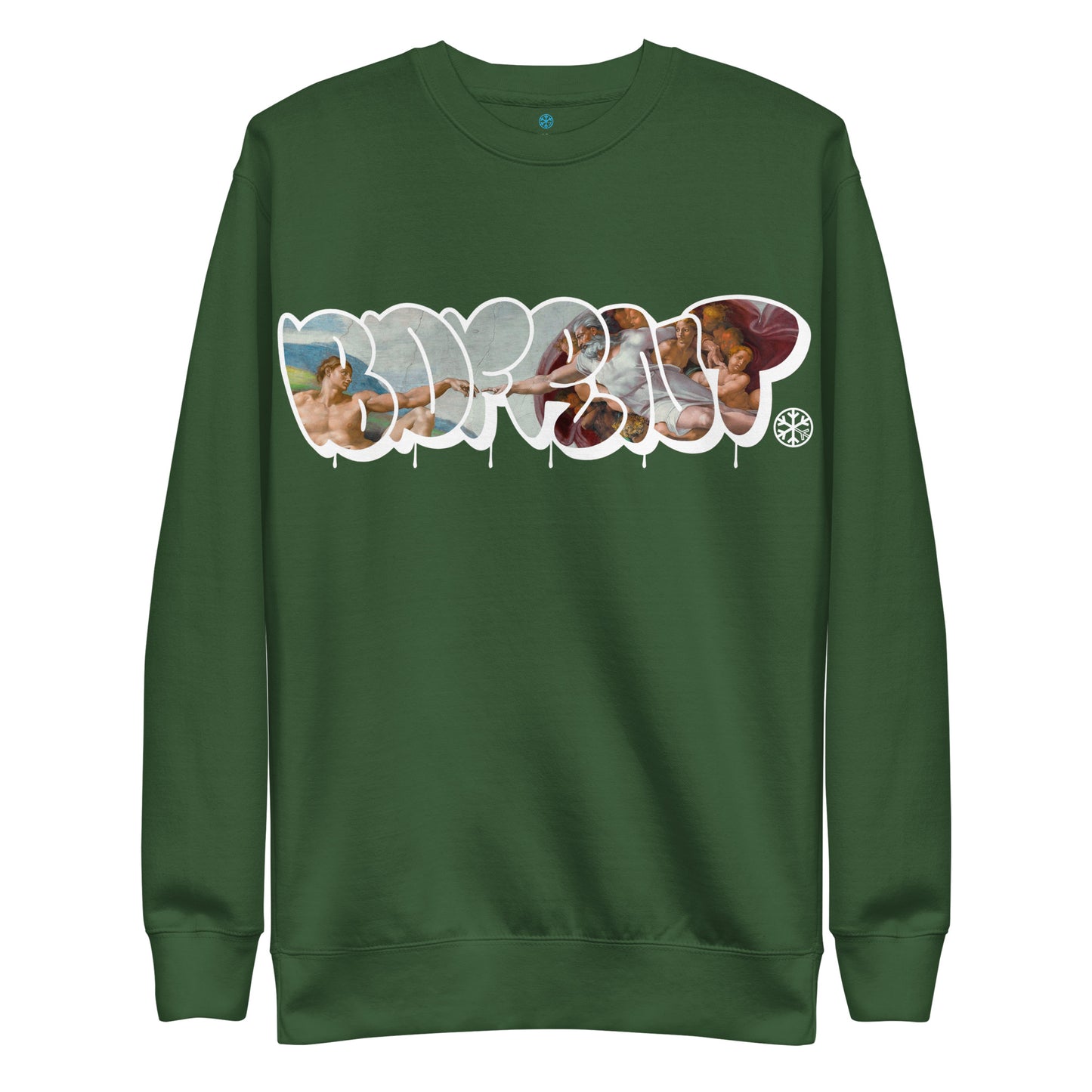 Green-BDFRNT Throwie x Creation of Adam Graffiti Sweatshirt from B.Different Clothing, front view, graffiti-inspired streetwear
