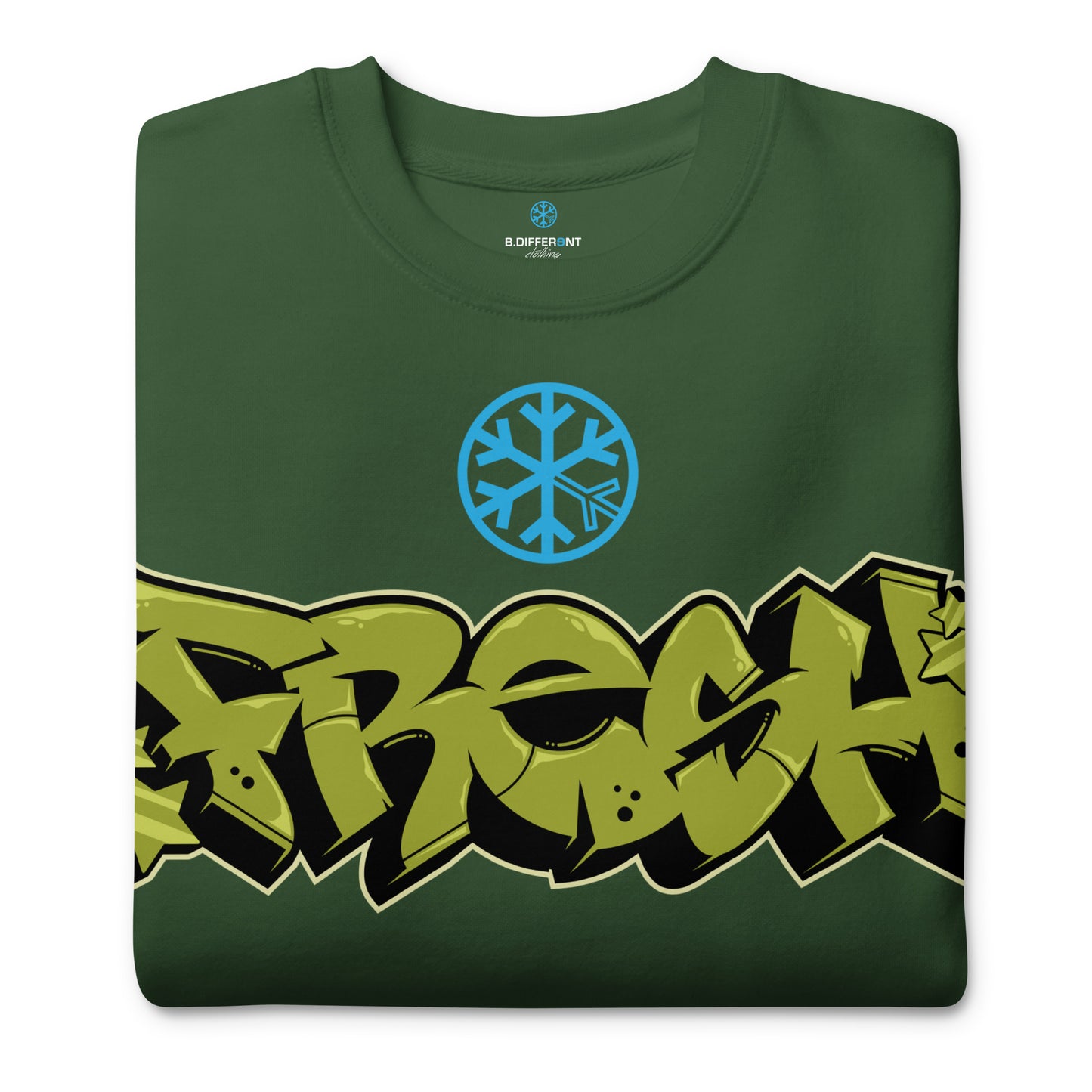 Green-Fresh Graffiti Piece Sweatshirt from B.Different Clothing, folded, graffiti-inspired streetwear