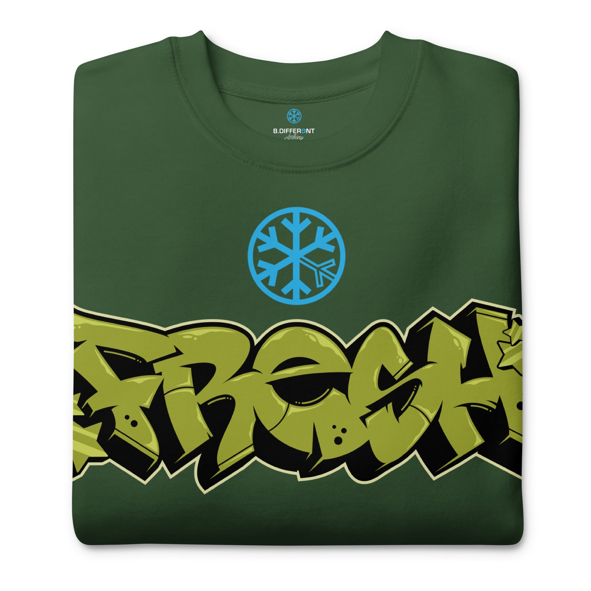 Green-Fresh Graffiti Piece Sweatshirt from B.Different Clothing, folded, graffiti-inspired streetwear