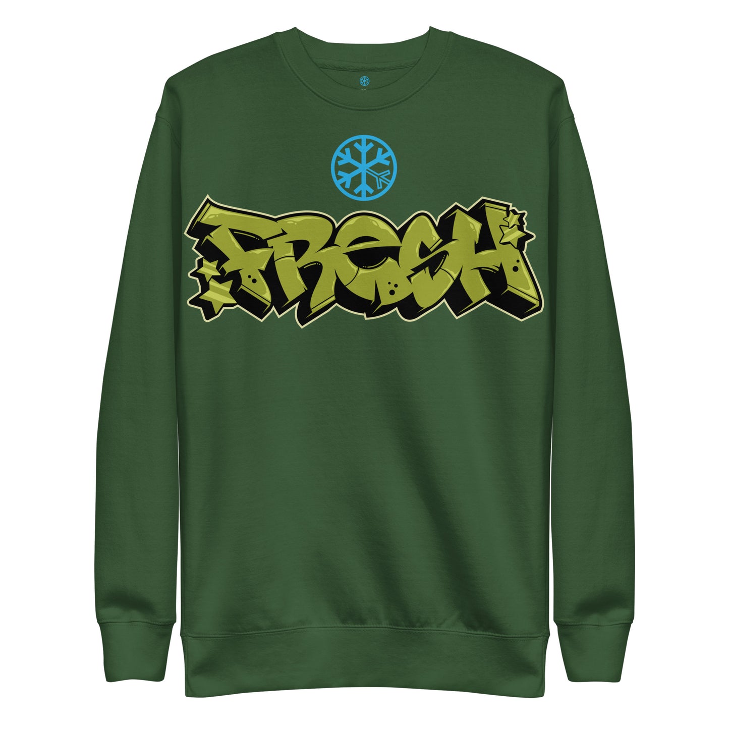 Green-Fresh Graffiti Piece Sweatshirt from B.Different Clothing, front view, graffiti-inspired streetwear
