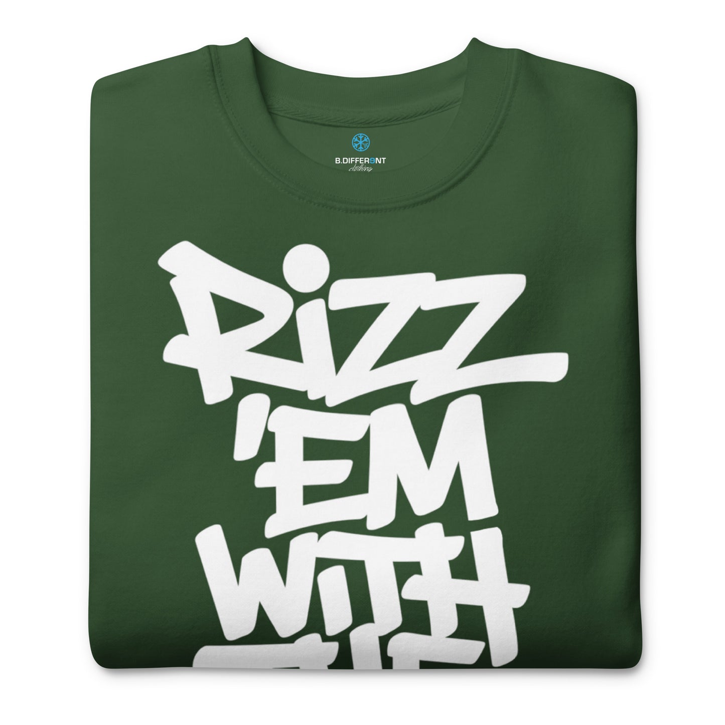 Green-Rizz 'Em With The 'Tism Graffiti Sweatshirt from B.Different Clothing, folded, graffiti-inspired streetwear