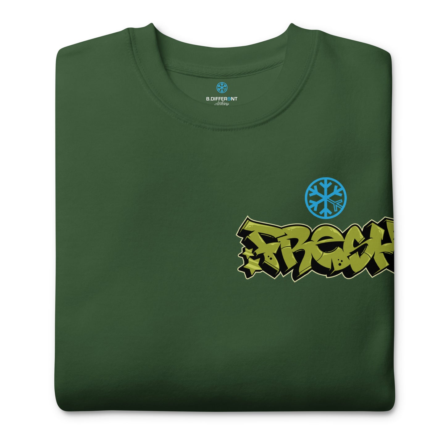 Green-Fresh Graffiti Character Sweatshirt from B.Different Clothing, folded, graffiti-inspired streetwear