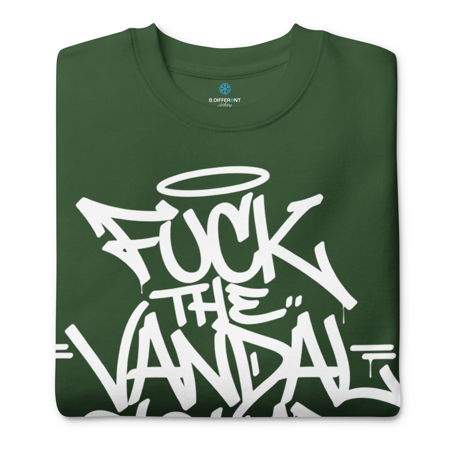 Green-Fuck The Vandal Squad Graffiti Sweatshirt from B.Different Clothing, folded, graffiti-inspired streetwear
