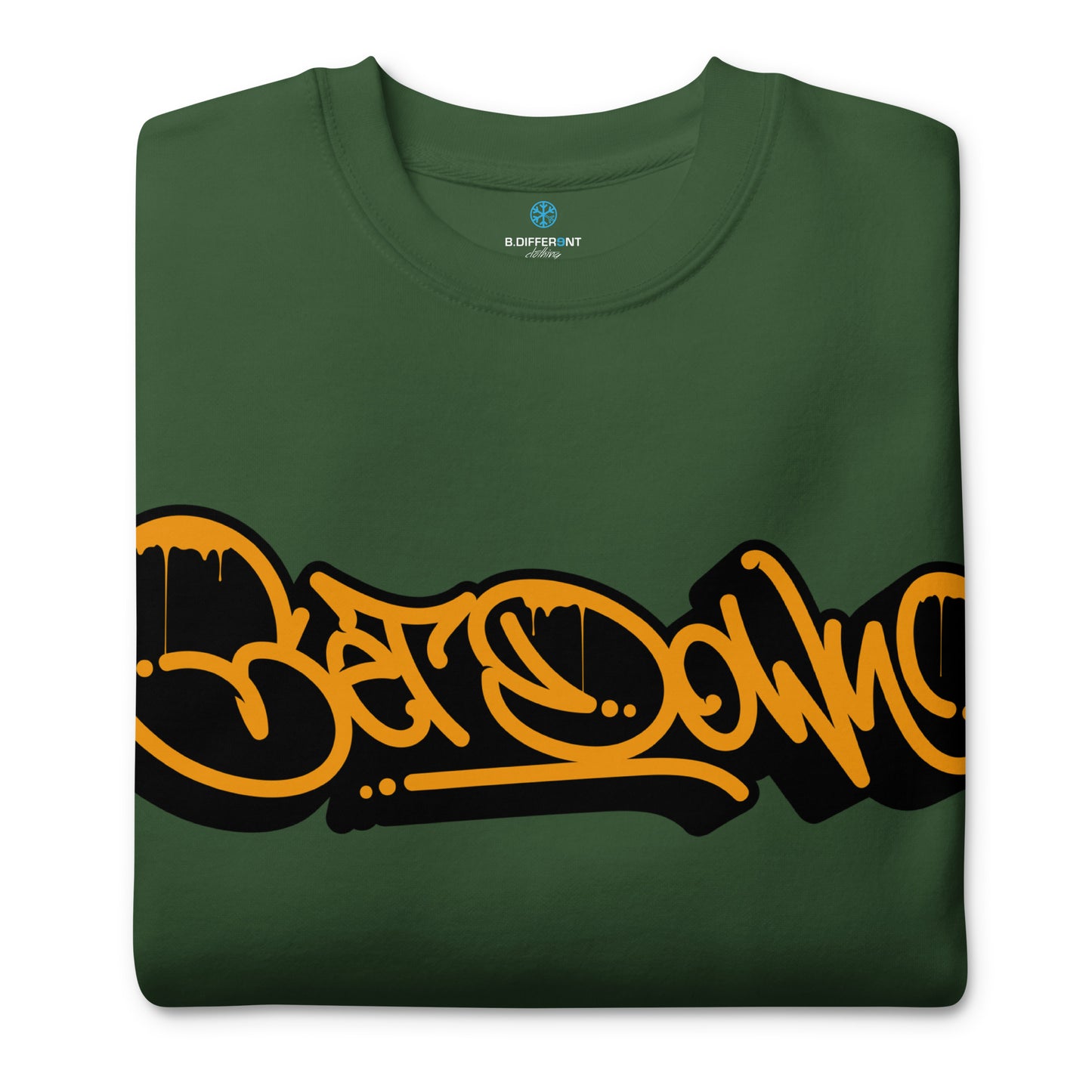 Green-Get Down Graffiti Tag Sweatshirt from B.Different Clothing, folded, graffiti-inspired streetwear