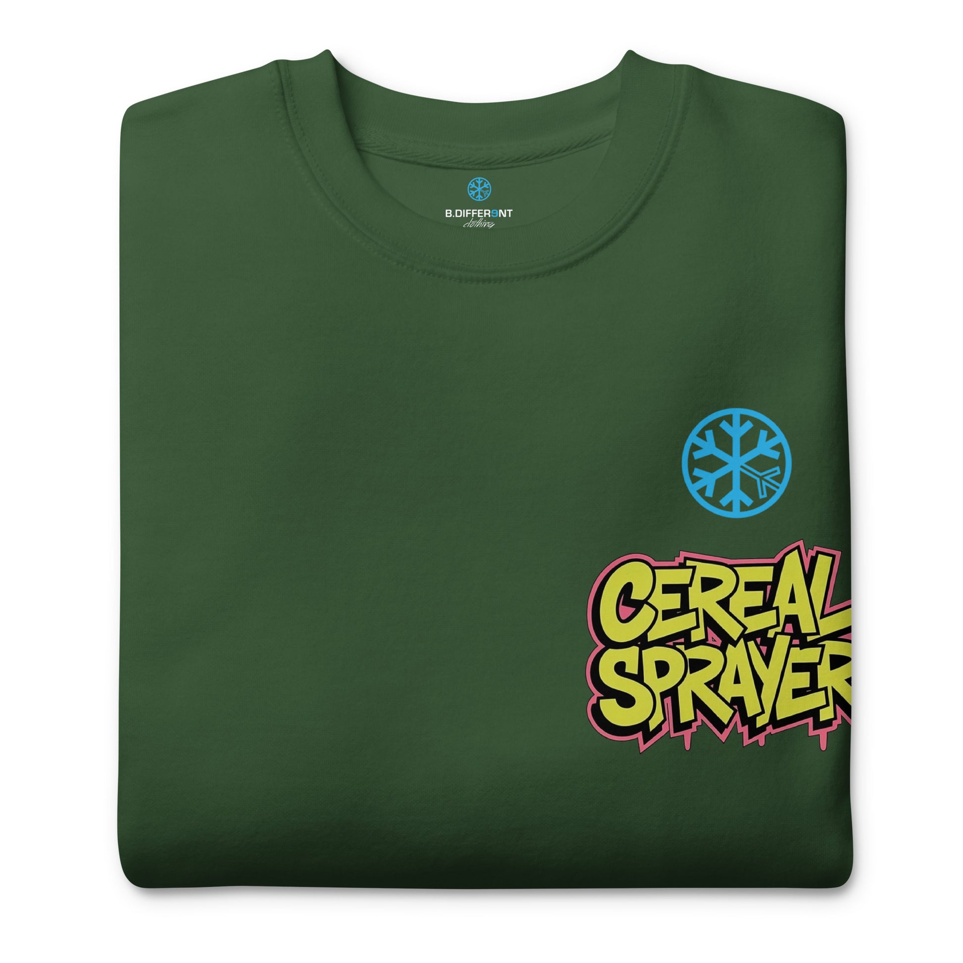 Green-Cereal Sprayer Graffiti Sweatshirt from B.Different Clothing, folded, graffiti-inspired streetwear