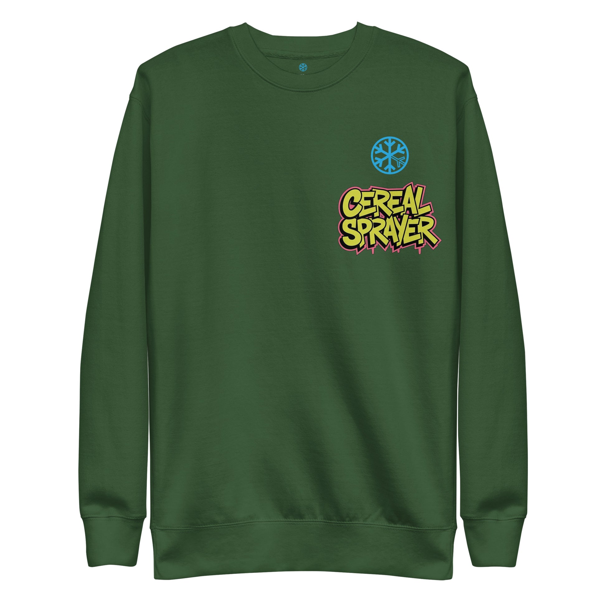 Green-Cereal Sprayer Graffiti Sweatshirt from B.Different Clothing, front view, graffiti-inspired streetwear