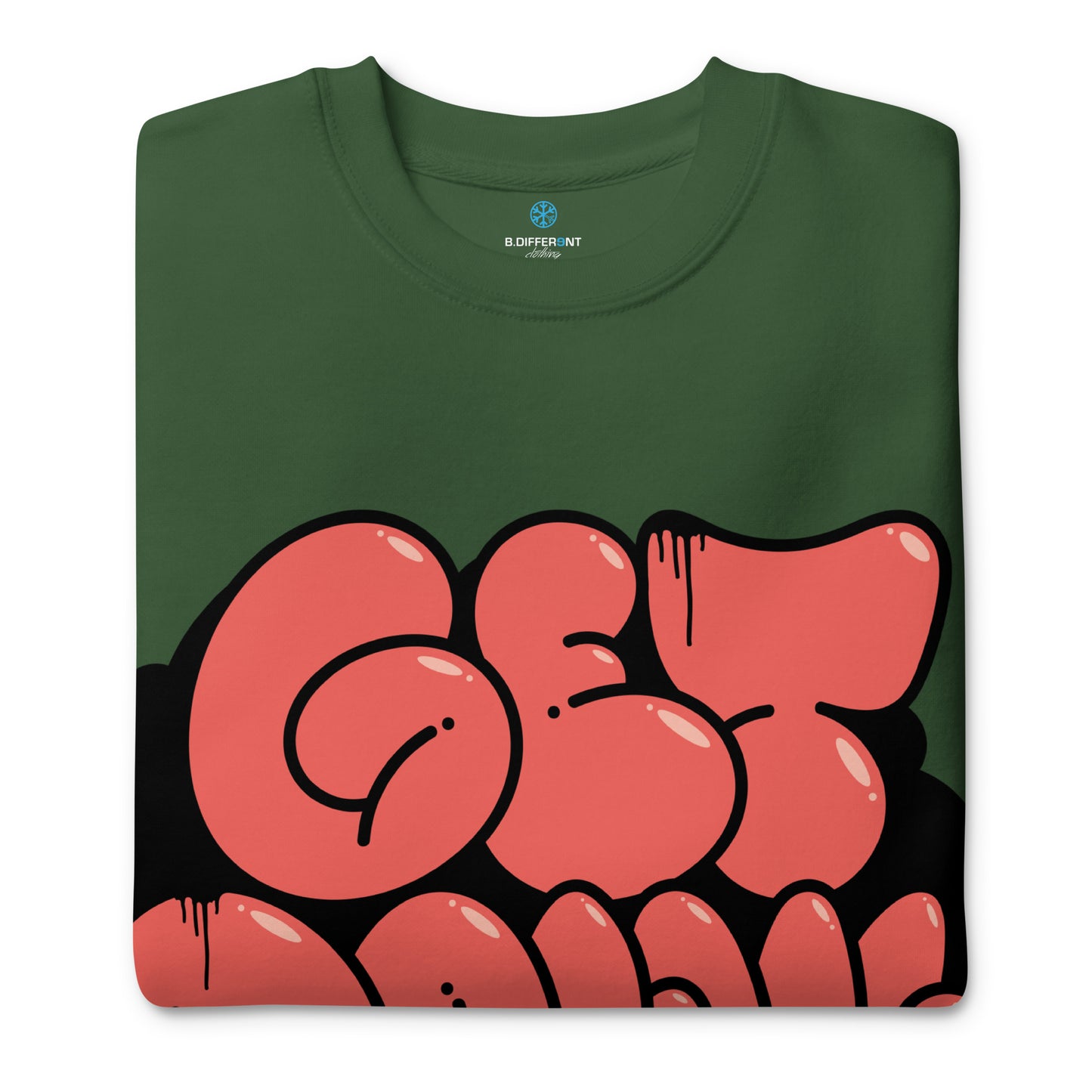 Green-Get Down Graffiti Throw-up Sweatshirt from B.Different Clothing, folded, graffiti-inspired streetwear
