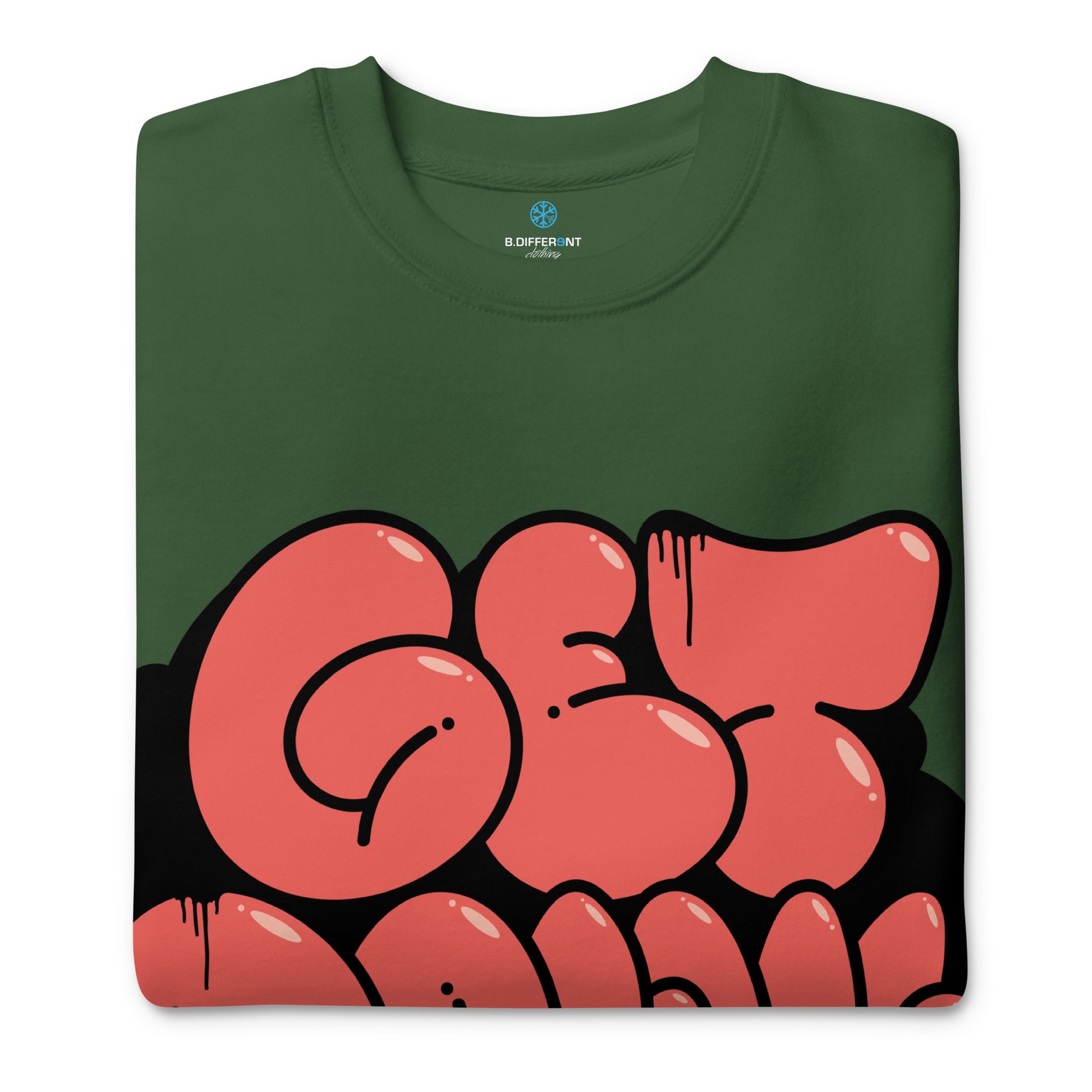 Green-Get Down Graffiti Throw-up Sweatshirt from B.Different Clothing, folded, graffiti-inspired streetwear