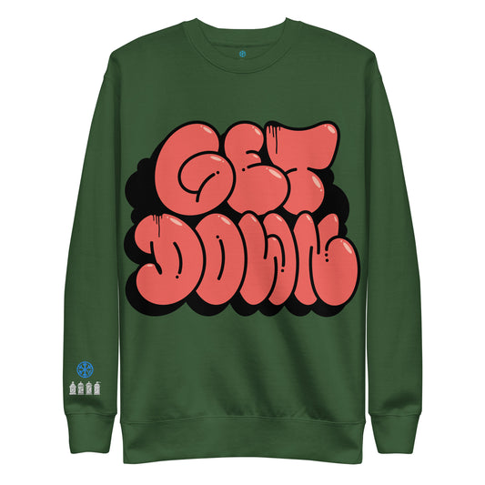 Green-Get Down Graffiti Throw-up Sweatshirt from B.Different Clothing, front view, graffiti-inspired streetwear