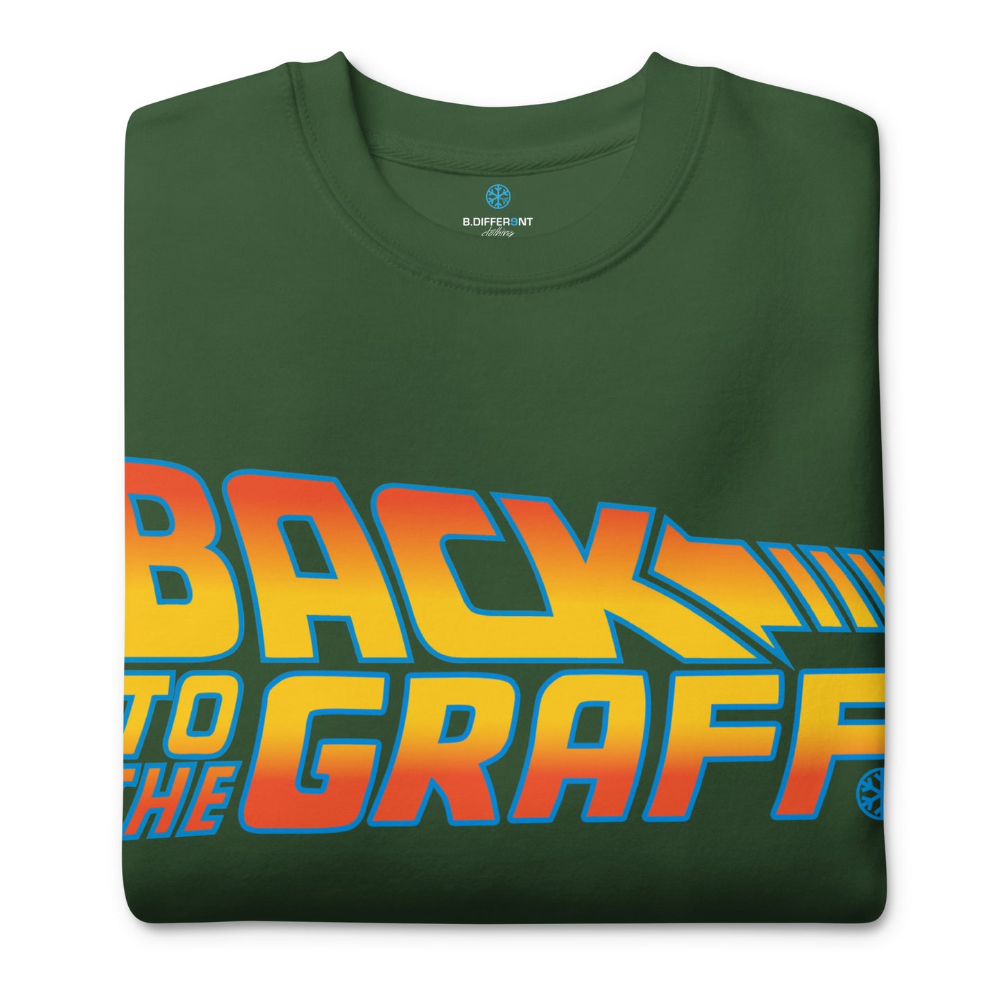 Green-Back to the Graff Sweatshirt from B.Different Clothing, folded, graffiti-inspired streetwear