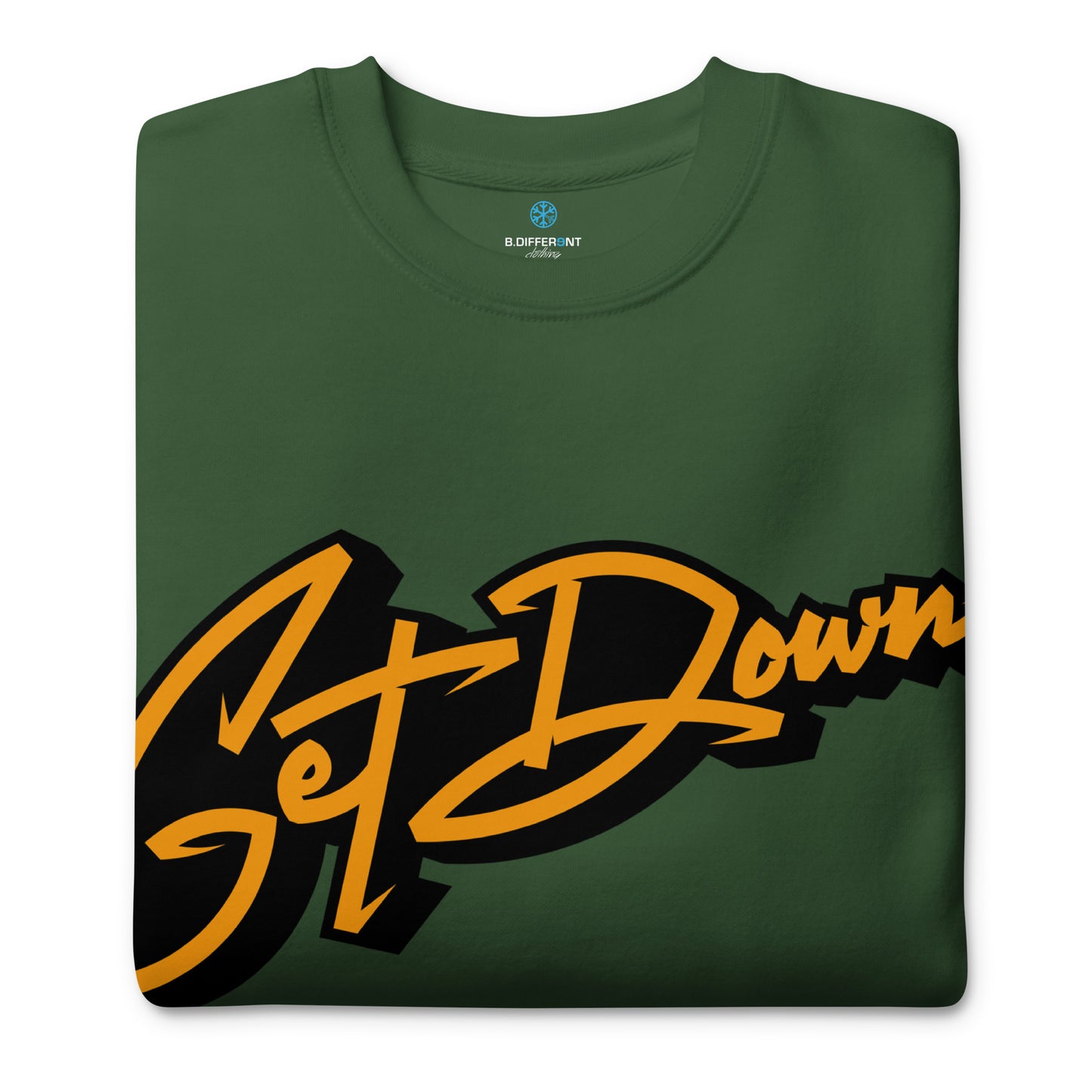 Green-Get Down Graffiti Tag Sweatshirt from B.Different Clothing, folded, graffiti-inspired streetwear