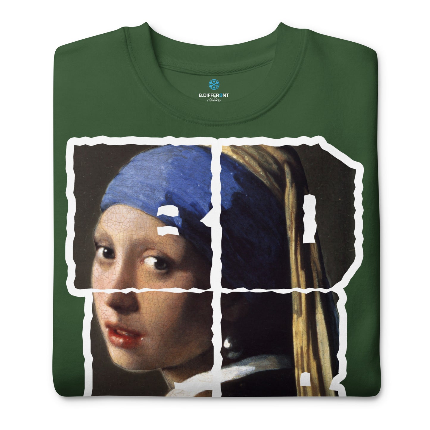 Green-BDFRNT Throwie x Girl With Pearl Earring Graffiti Sweatshirt from B.Different Clothing, folded, graffiti-inspired streetwear