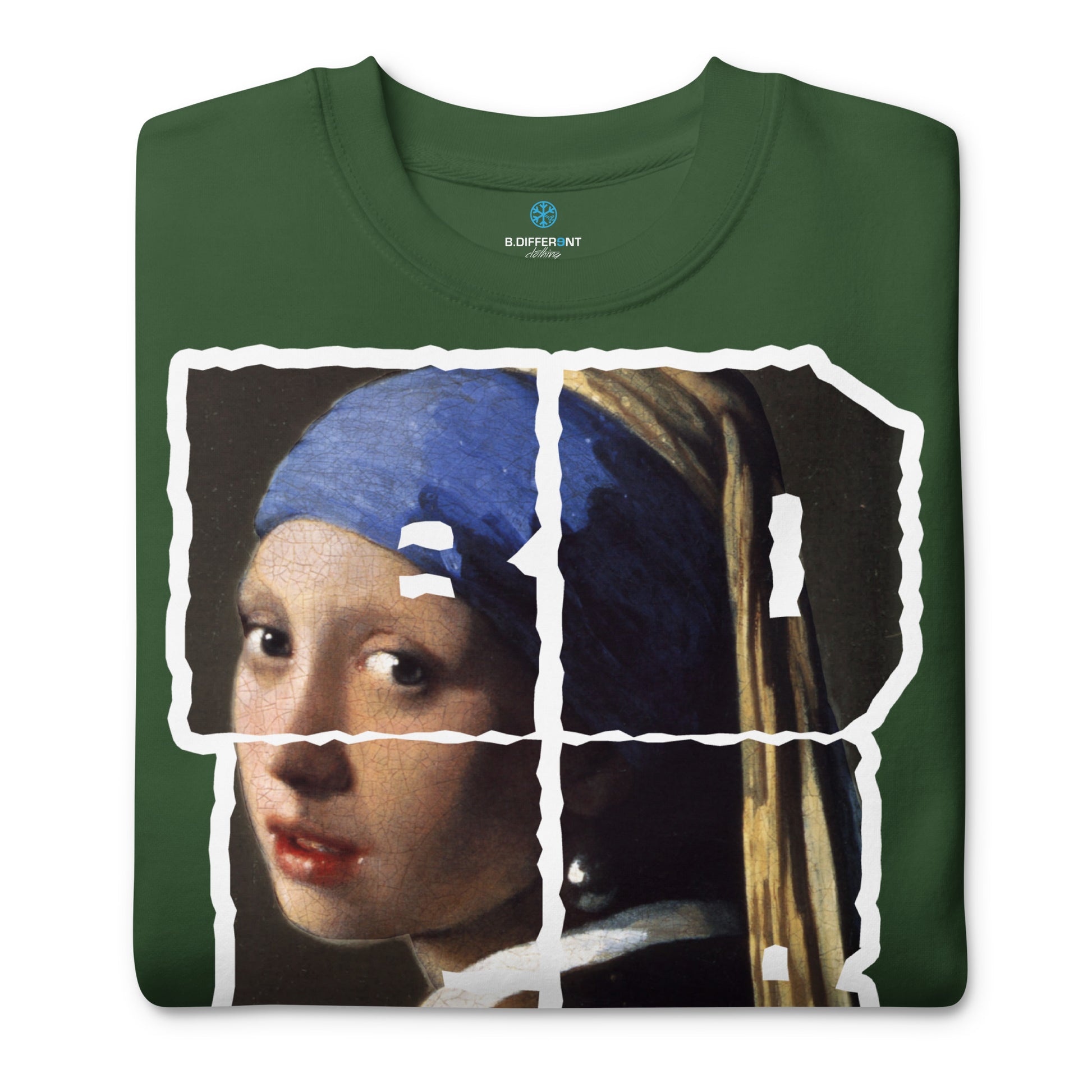 Green-BDFRNT Throwie x Girl With Pearl Earring Graffiti Sweatshirt from B.Different Clothing, folded, graffiti-inspired streetwear