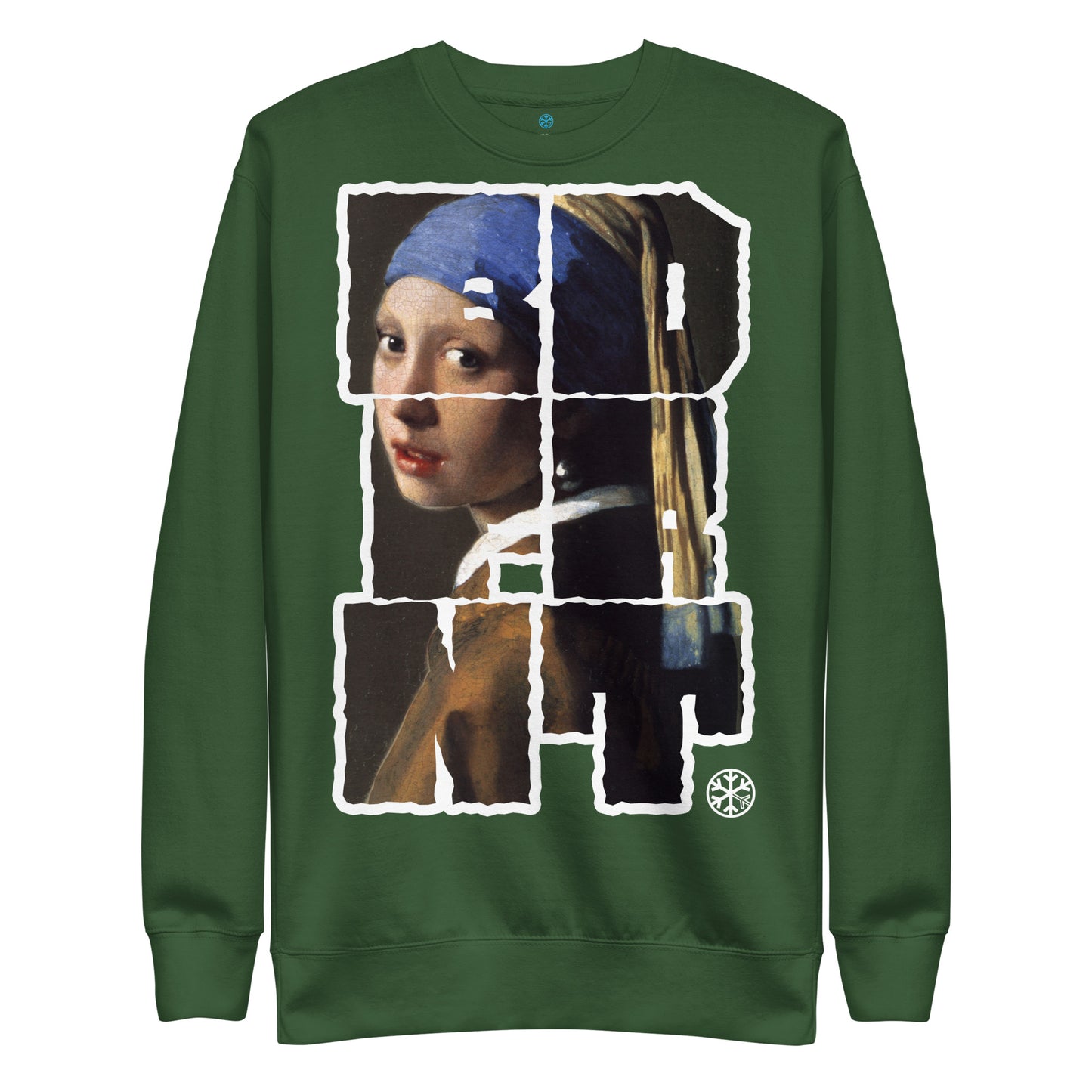 Green-BDFRNT Throwie x Girl With Pearl Earring Graffiti Sweatshirt from B.Different Clothing, front view, graffiti-inspired streetwear