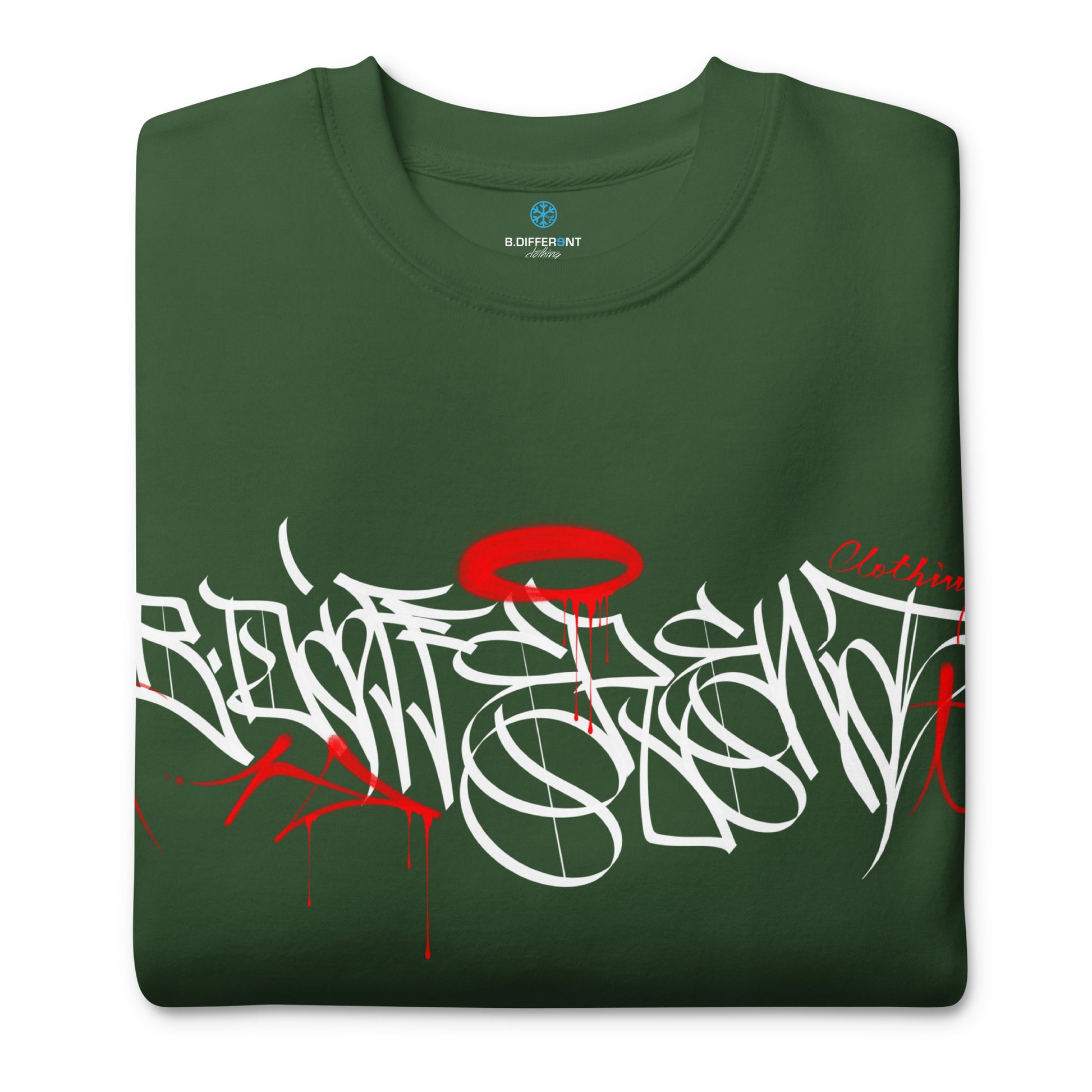 Green-Caos One Collab Graffiti Sweatshirt from B.Different Clothing, folded, graffiti-inspired streetwear