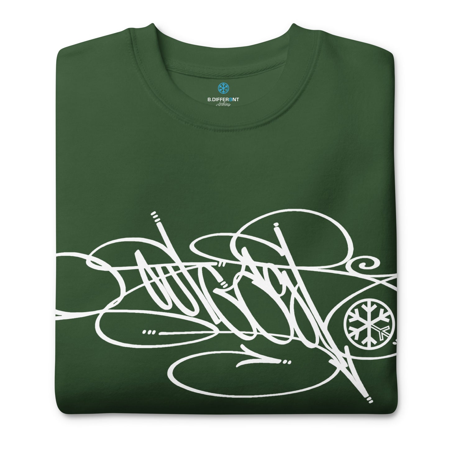 Green-Outcast Tag Sweatshirt by Graffiti Dad from B.Different Clothing, folded, graffiti-inspired streetwear