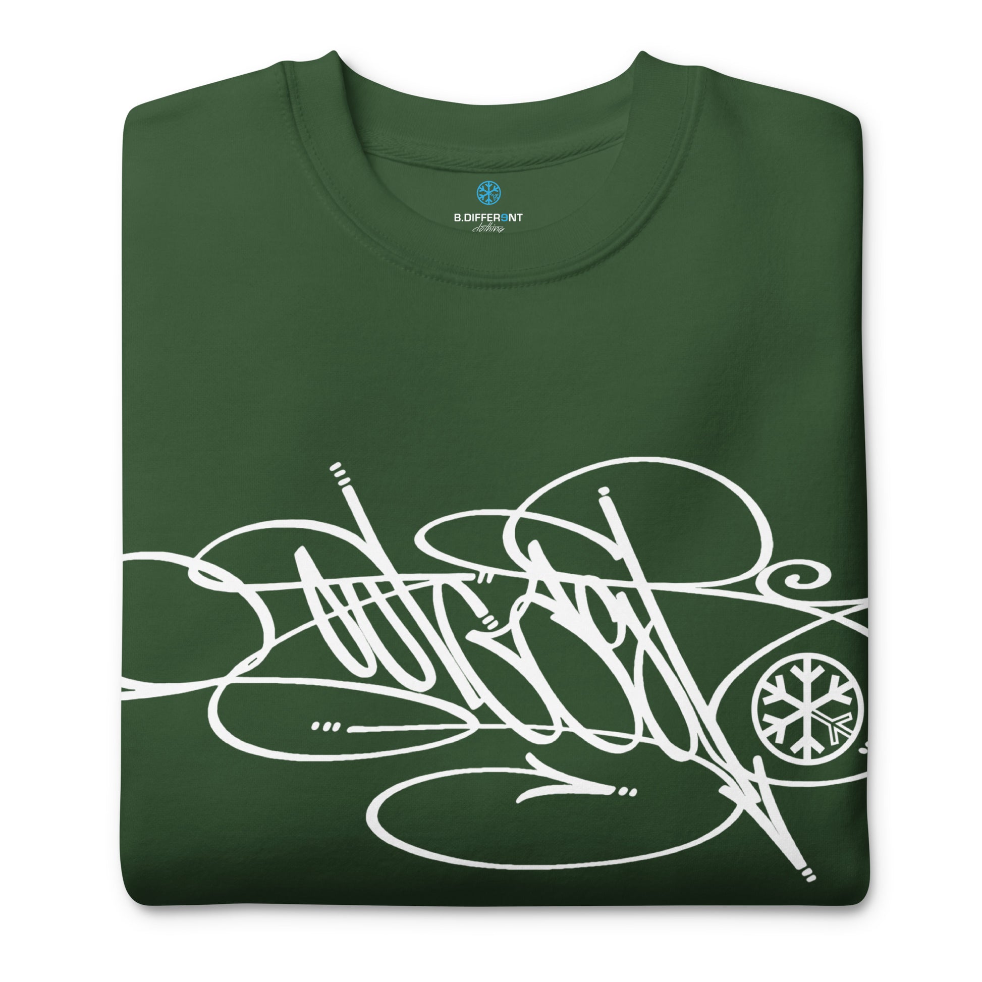 Green-Outcast Tag Sweatshirt by Graffiti Dad from B.Different Clothing, folded, graffiti-inspired streetwear