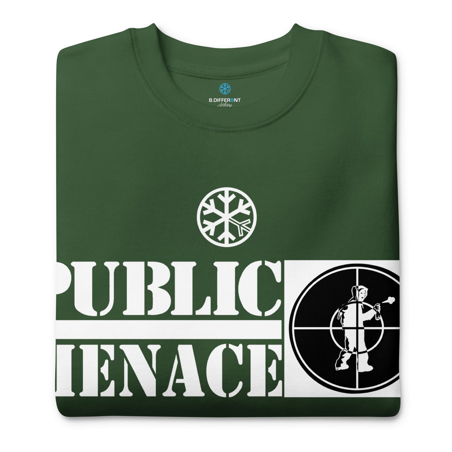 Green-Public Menace Graffiti Sweatshirt from B.Different Clothing, folded, graffiti-inspired streetwear
