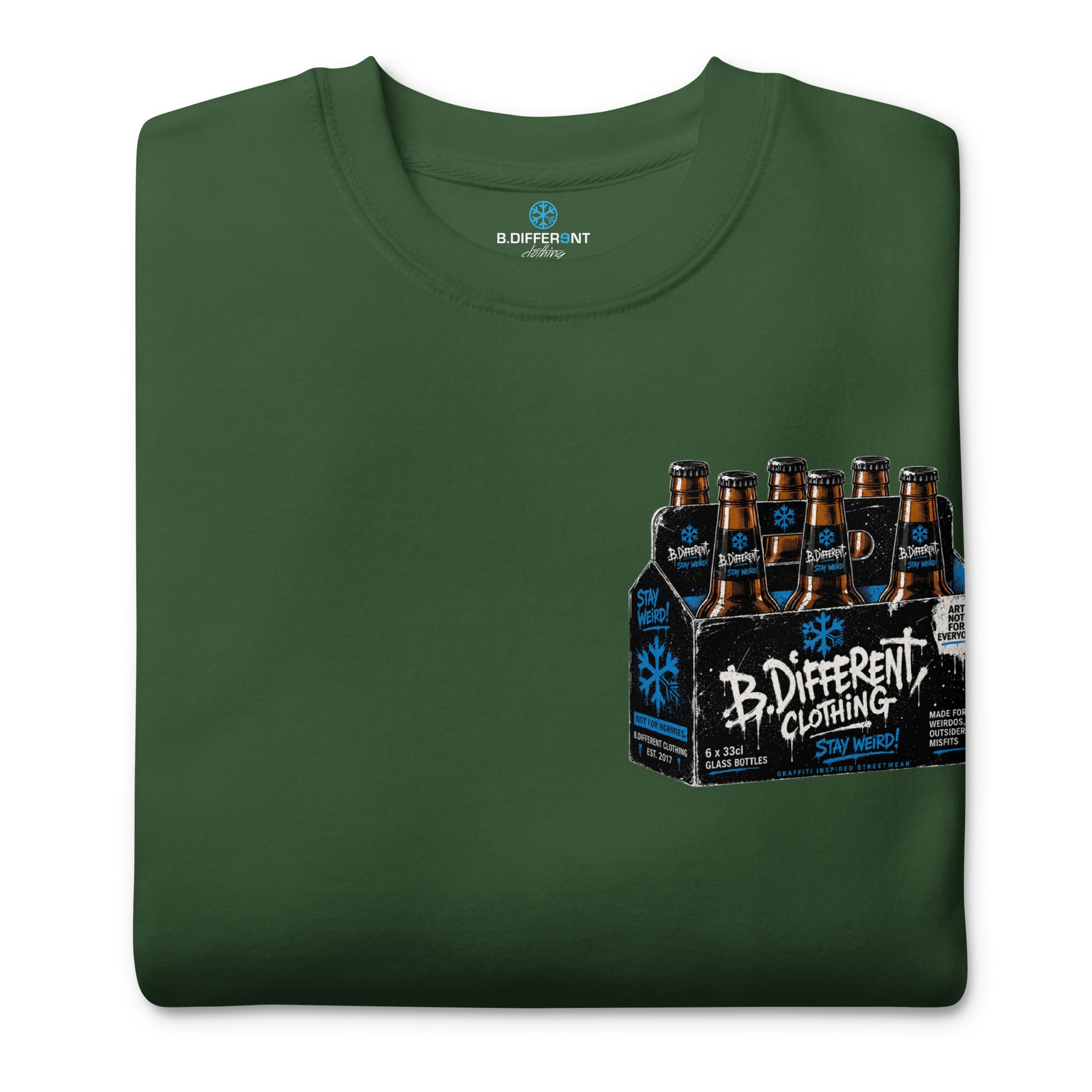 Green-Six Pack Beer Graffiti Sweatshirt from B.Different Clothing, folded, graffiti-inspired streetwear