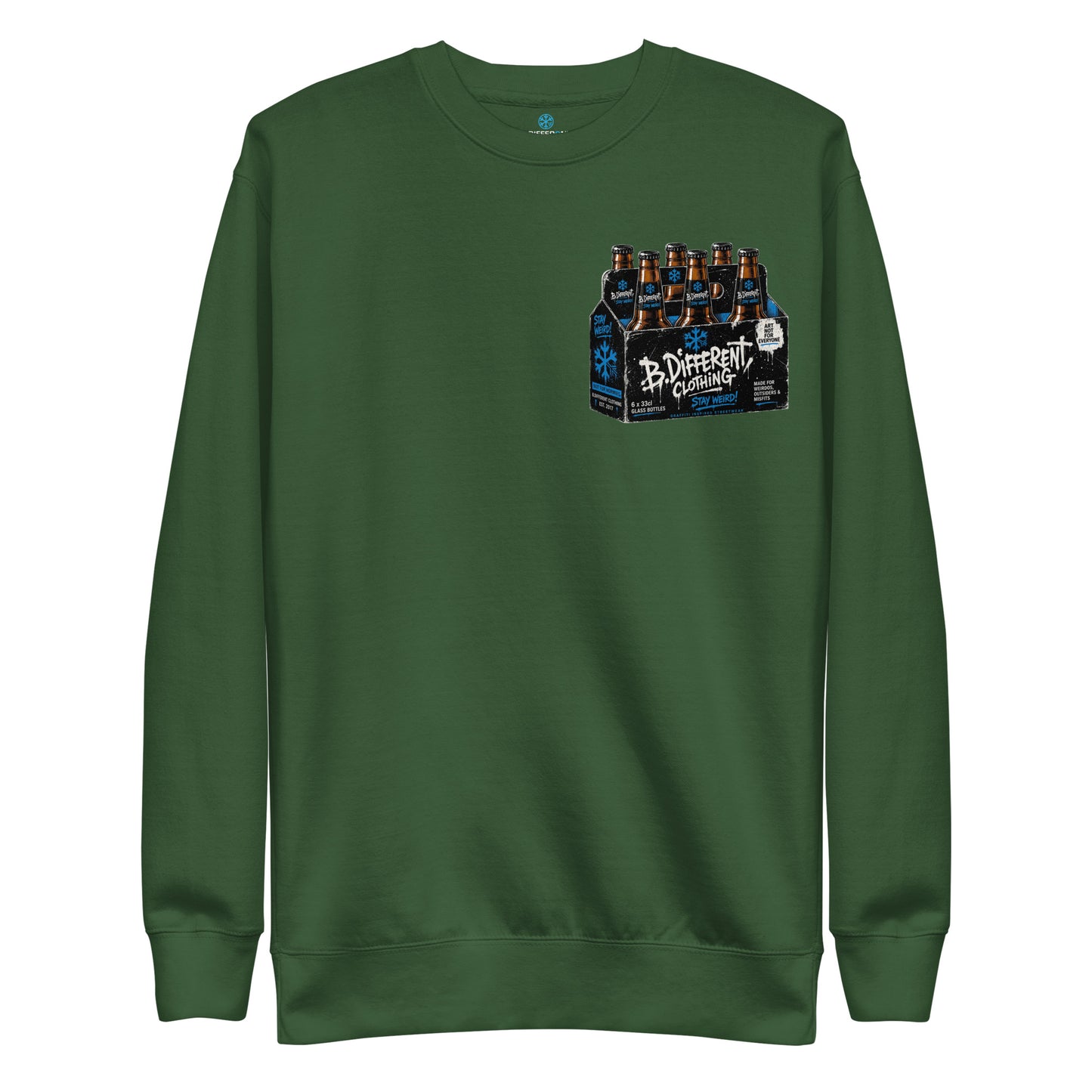 Green-Six Pack Beer Graffiti Sweatshirt from B.Different Clothing, front view, graffiti-inspired streetwear