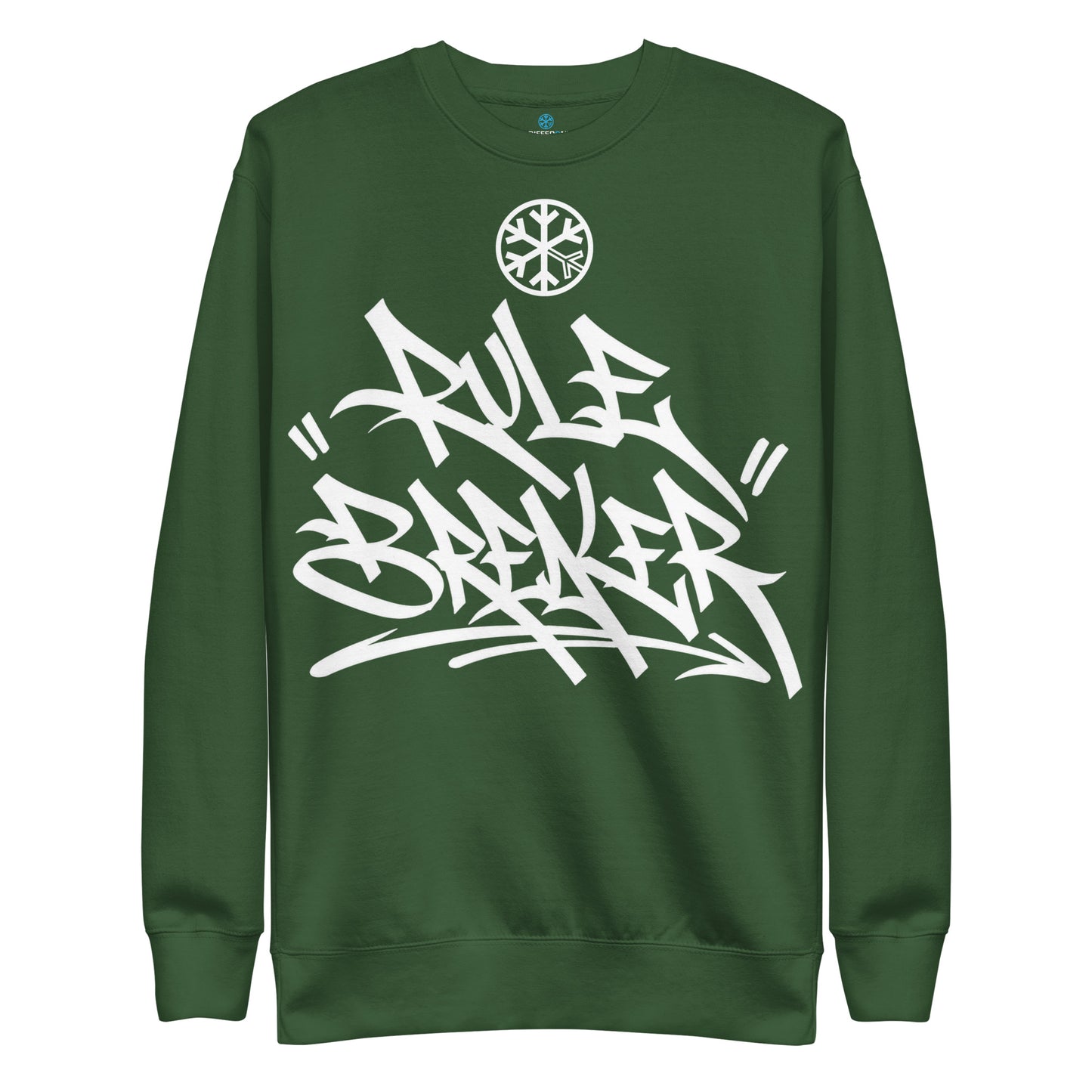 Forest Green-Rule Breaker Graffiti Tag Sweatshirt from B.Different Clothing, front view, graffiti-inspired streetwear