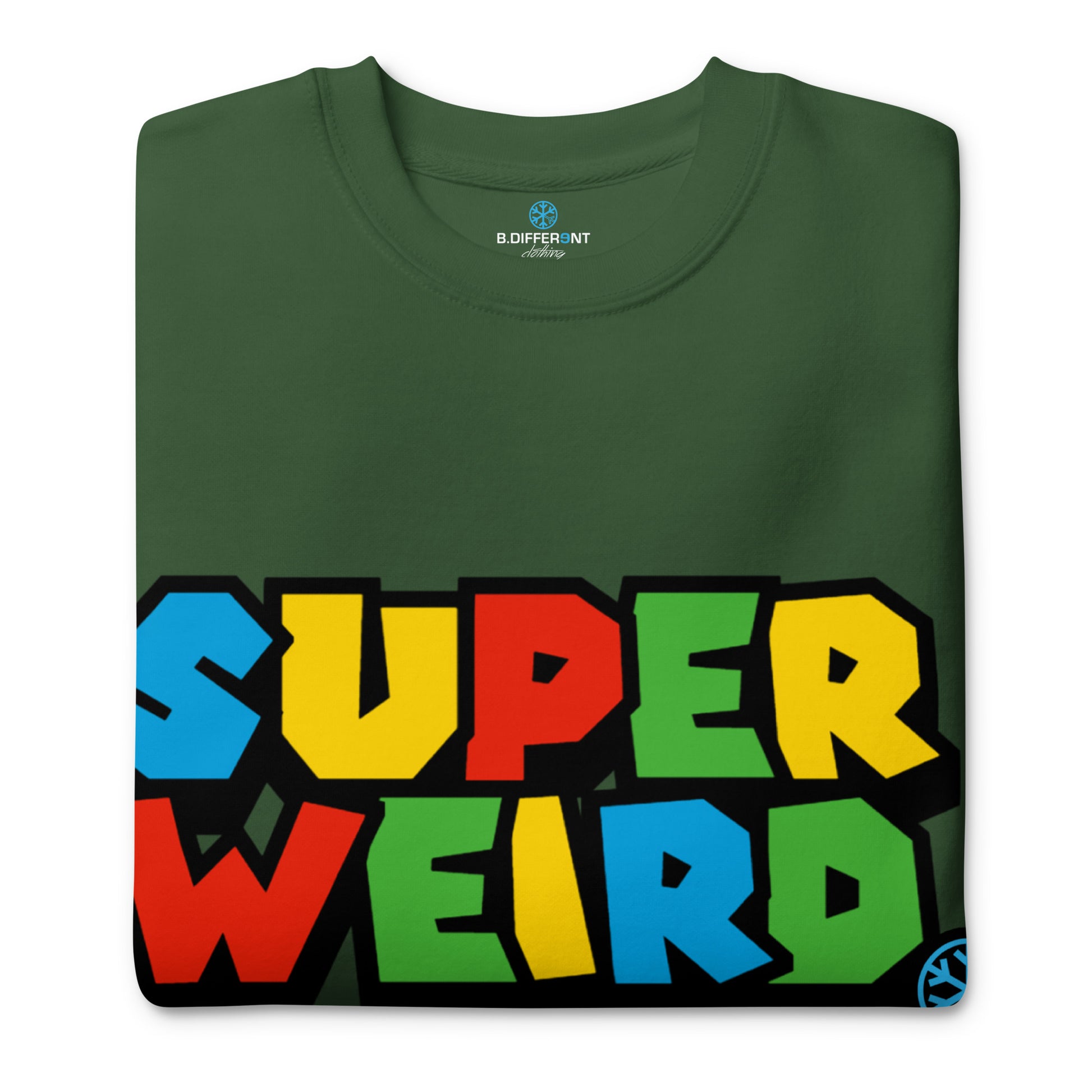 Forest Green-Super Weird Bros Sweatshirt from B.Different Clothing, folded, graffiti-inspired streetwear
