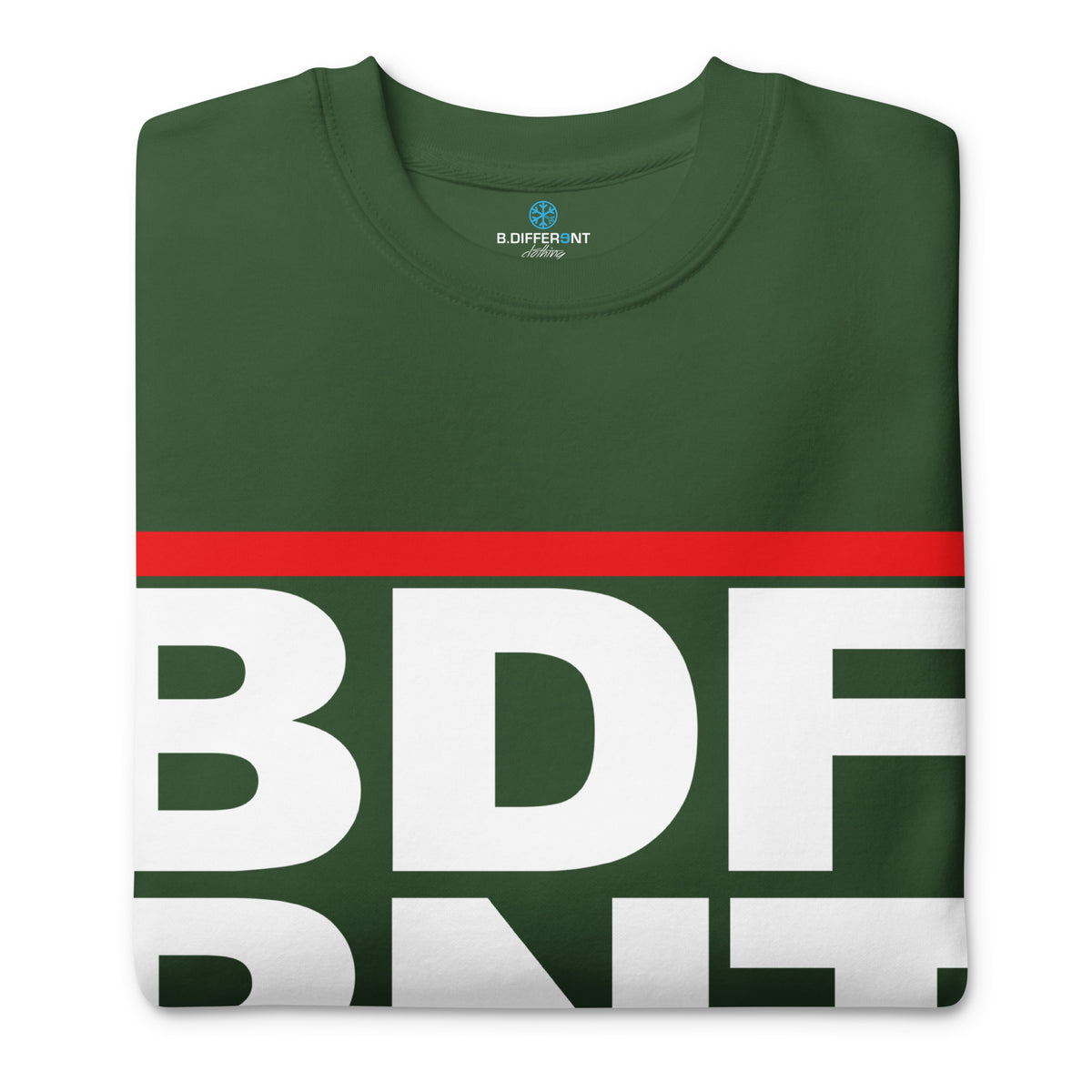 Forest Green-BDFRNT OG Logo Sweatshirt from B.Different Clothing, folded, graffiti-inspired streetwear
