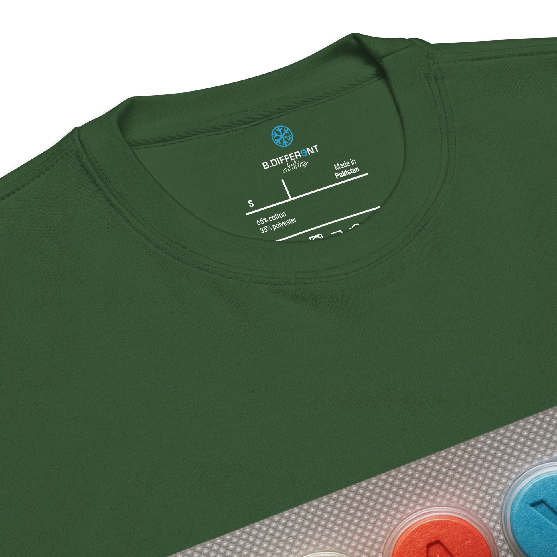 Green-Stay Weird Pills Sweatshirt from B.Different Clothing, collar, graffiti-inspired streetwear