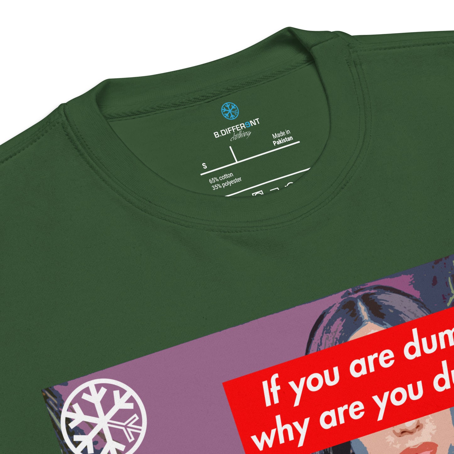 Green-Why Are You Dumb Sweatshirt from B.Different Clothing, collar, graffiti-inspired streetwear