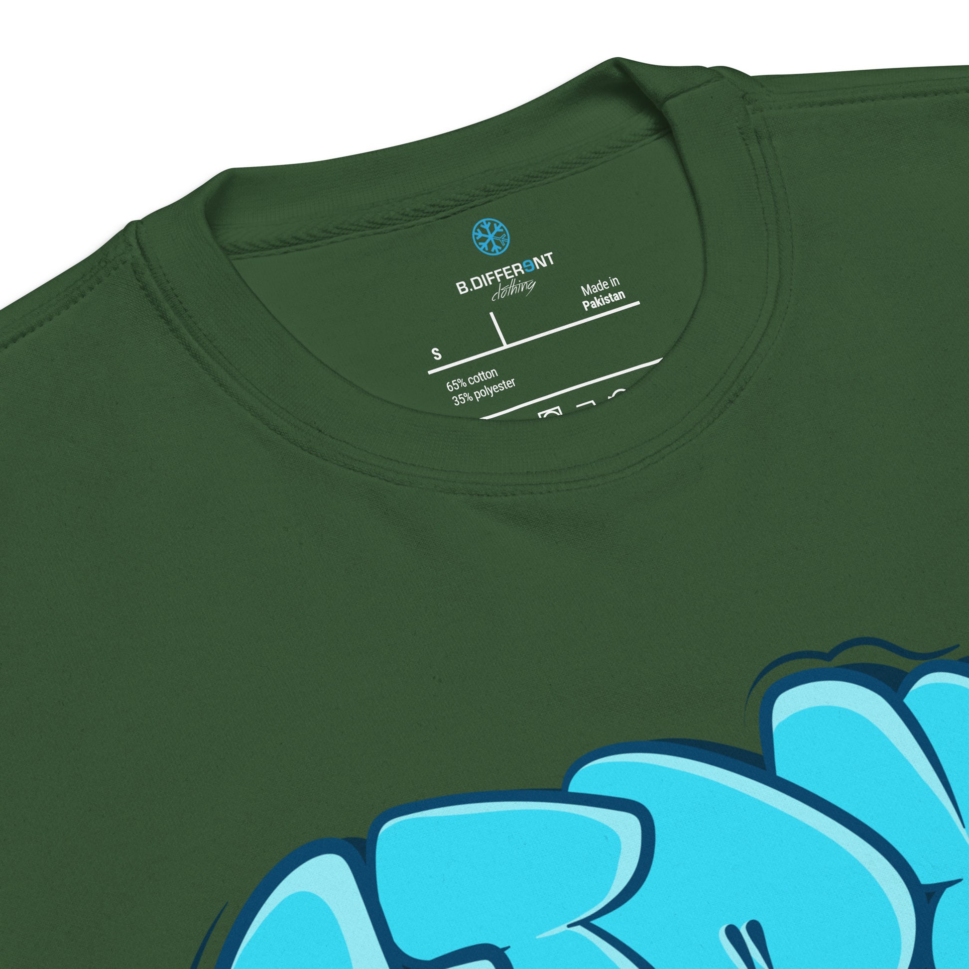Green-Stay Weird Graffiti Throw-up Sweatshirt from B.Different Clothing, collar, graffiti-inspired streetwear